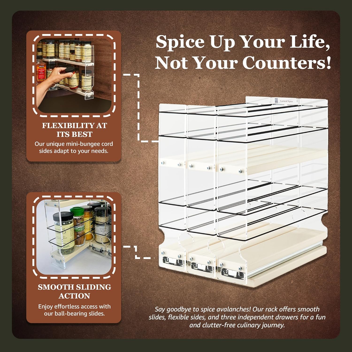 Vertical Spice – Organizador de especias montado en armario – 3 cajones, capacidad 36 – Organizador de gabinete deslizante – Estantes extraíbles