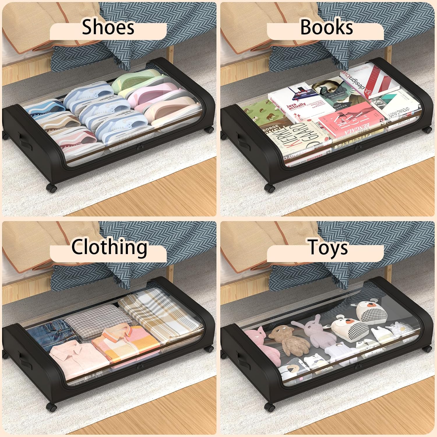 Cajón de almacenamiento debajo de la cama con ruedas y tapa, organizador grande de almacenamiento de zapatos debajo de la cama de 48 litros,
