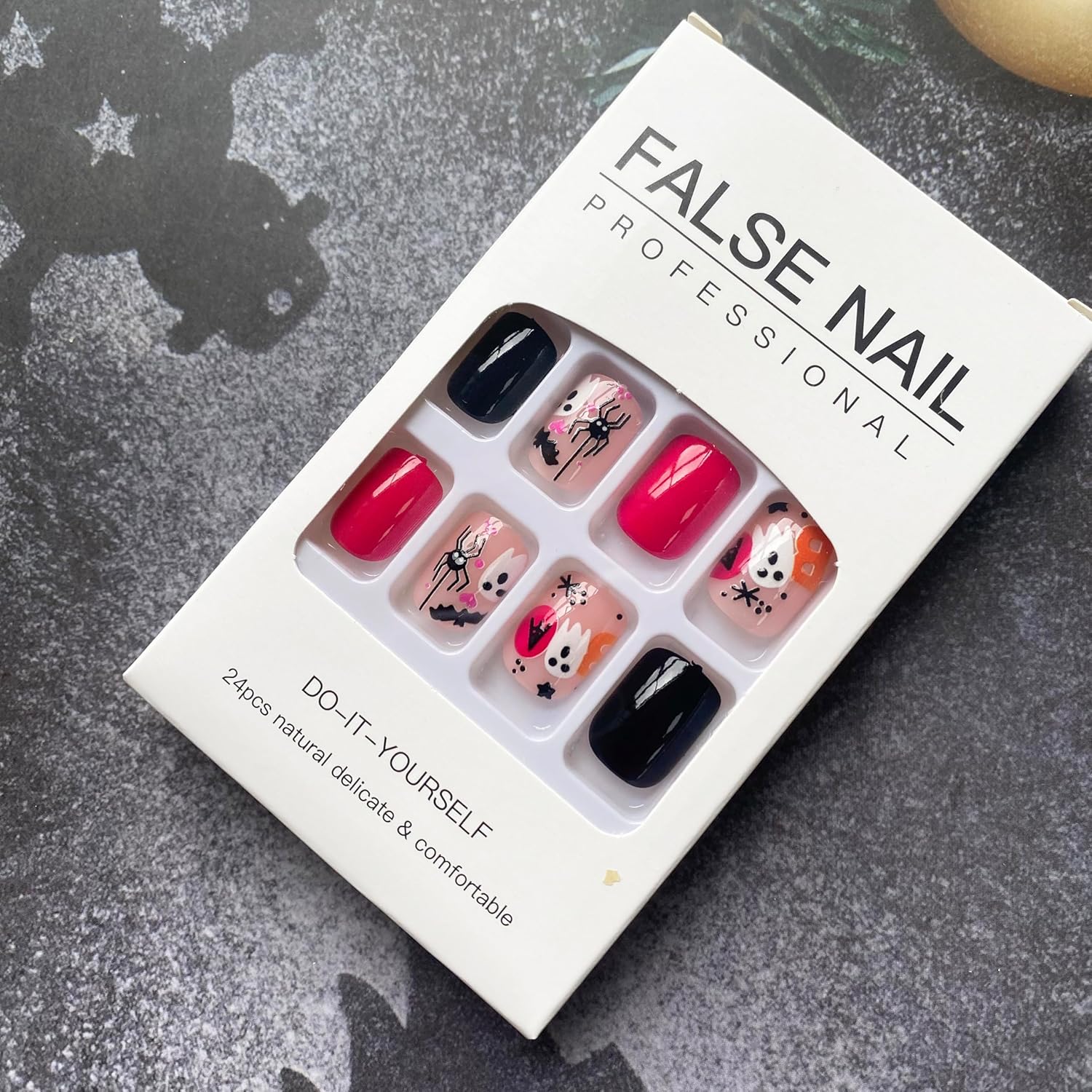 24 uñas postizas cortas a presión de Halloween, uñas postizas de murciélago de estrella de cobertura completa, uñas postizas de acrílico rosa negro
