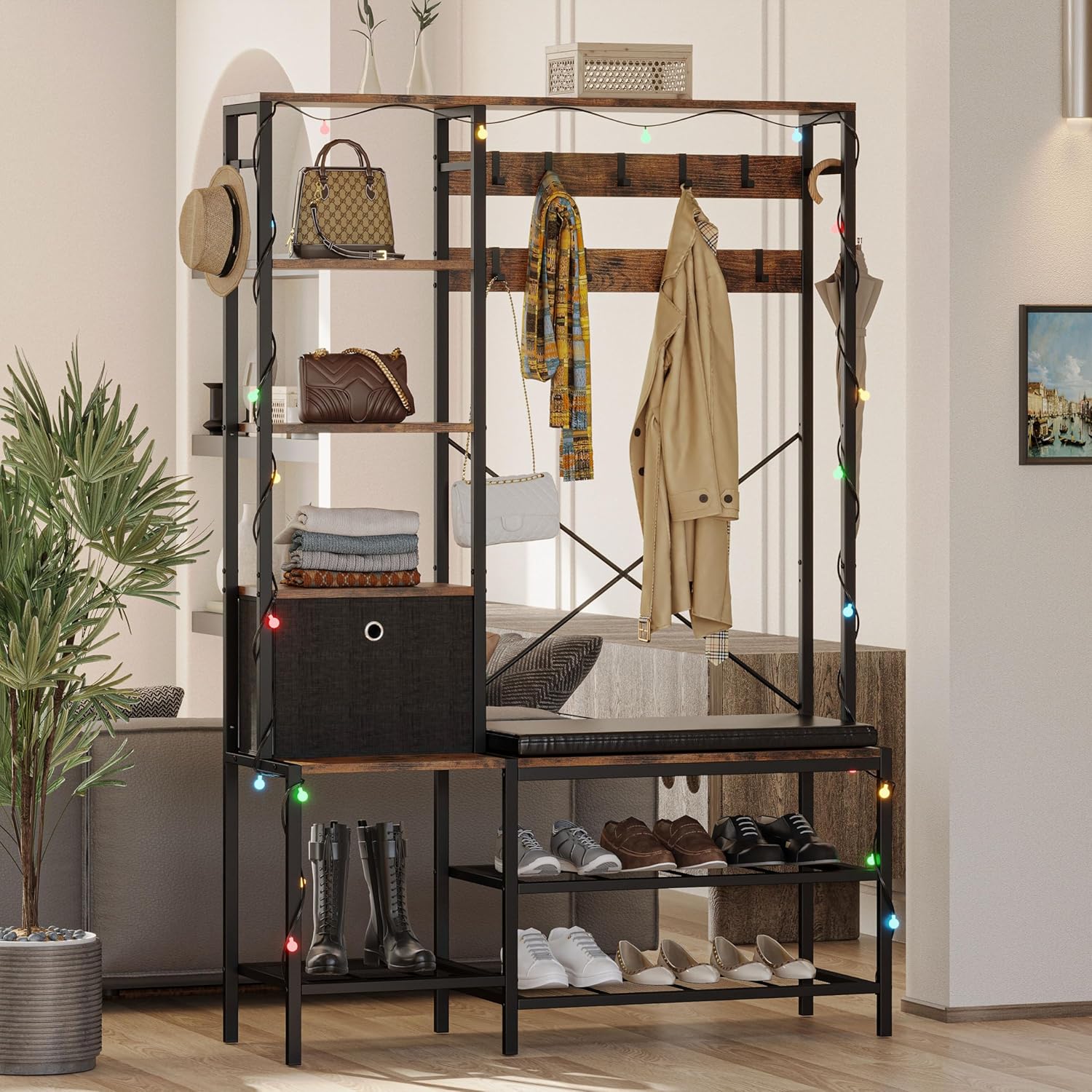 IRONCK Árbol de pasillo con luz, banco de zapatos de entrada, cesta de almacenamiento de tela, perchero, estantes reversibles de 5 niveles, ganchos