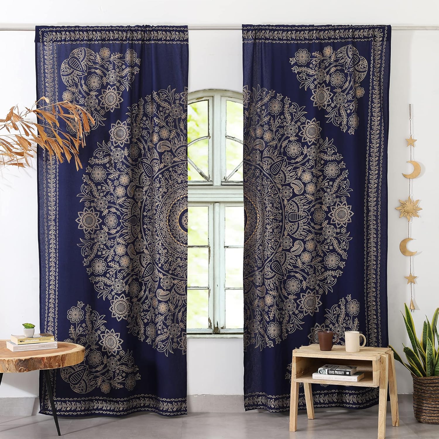 Popular Handicrafts India Hippie Mandala Bohemia Hermoso Bosquejo Cortina Cortina Dormitorio Sala Balcón Cenefa Paneles Azul Oro