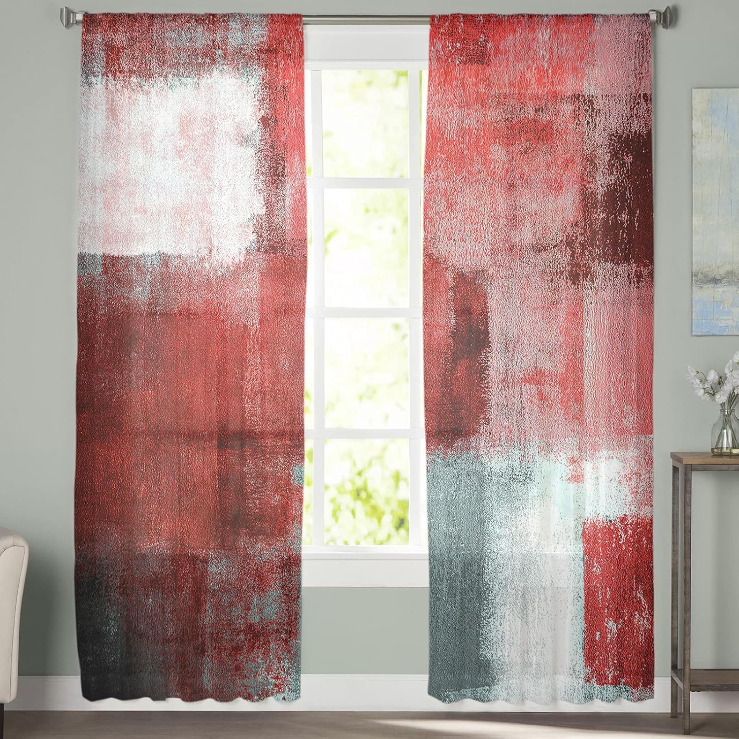 Juego de 2 paneles de cortinas traslúcidas color rojo y gris de 63 pulgadas de largo, cortinas semitransparentes geométricas de pintura al óleo para