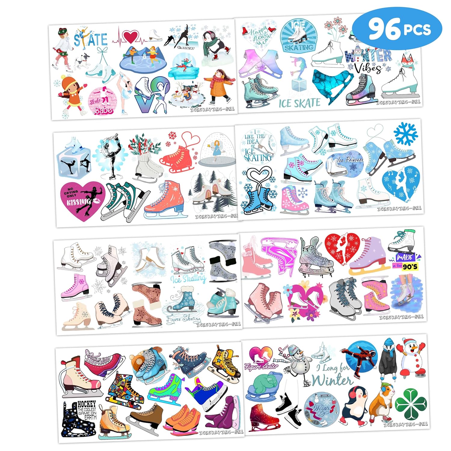 8 hojas (96 piezas) Patinaje sobre hielo Tatuajes temporales Tatuajes Temáticos Nieve Invierno Fiesta de Cumpleaños Decoraciones Favores Suministros