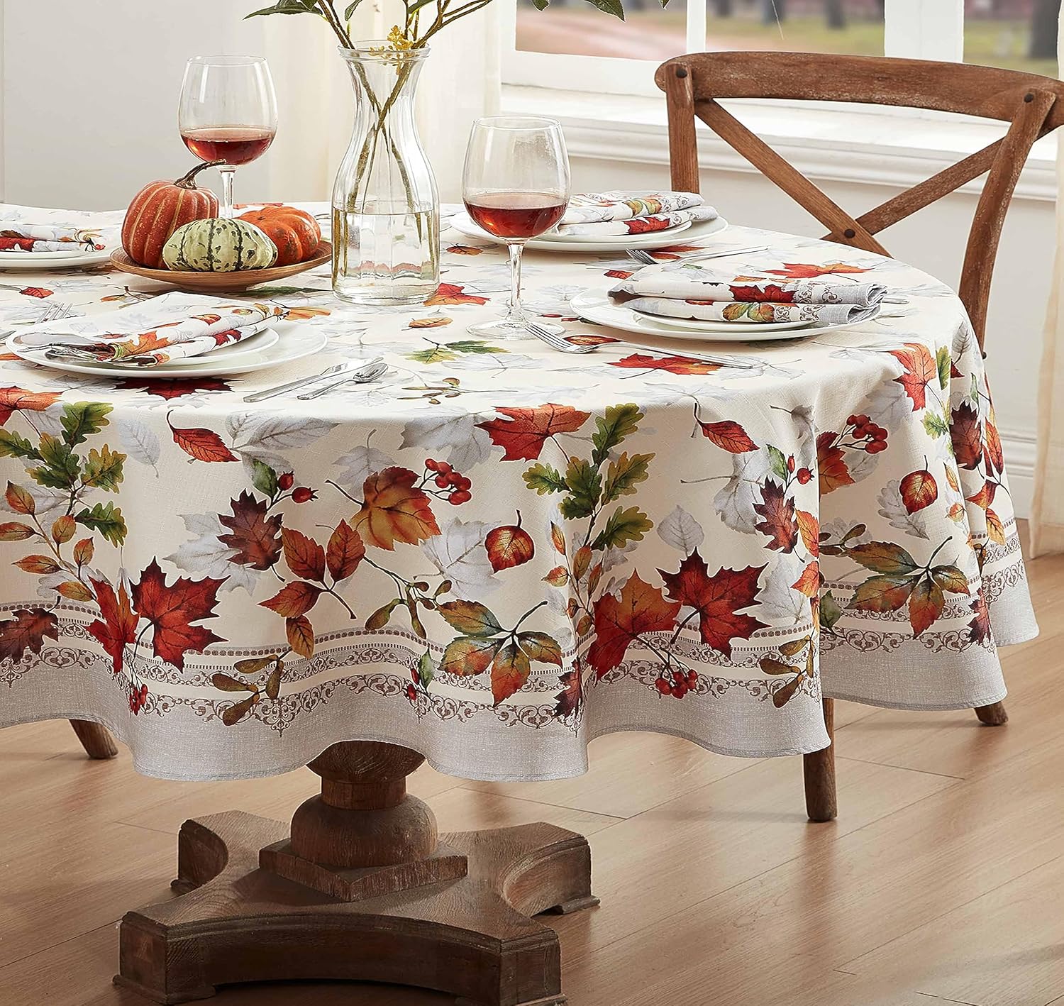 Newbridge Autumn Essentials – Mantel de tela con borde de follaje de otoño, hojas cambiantes, de fácil cuidado, a prueba de manchas, resistente a