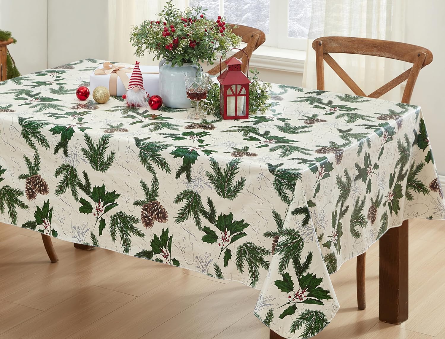 Newbridge Joyful Holly Country – Mantel navideño de vinilo rústico con reverso de franela, mantel trasero de franela de vinilo para vacaciones de