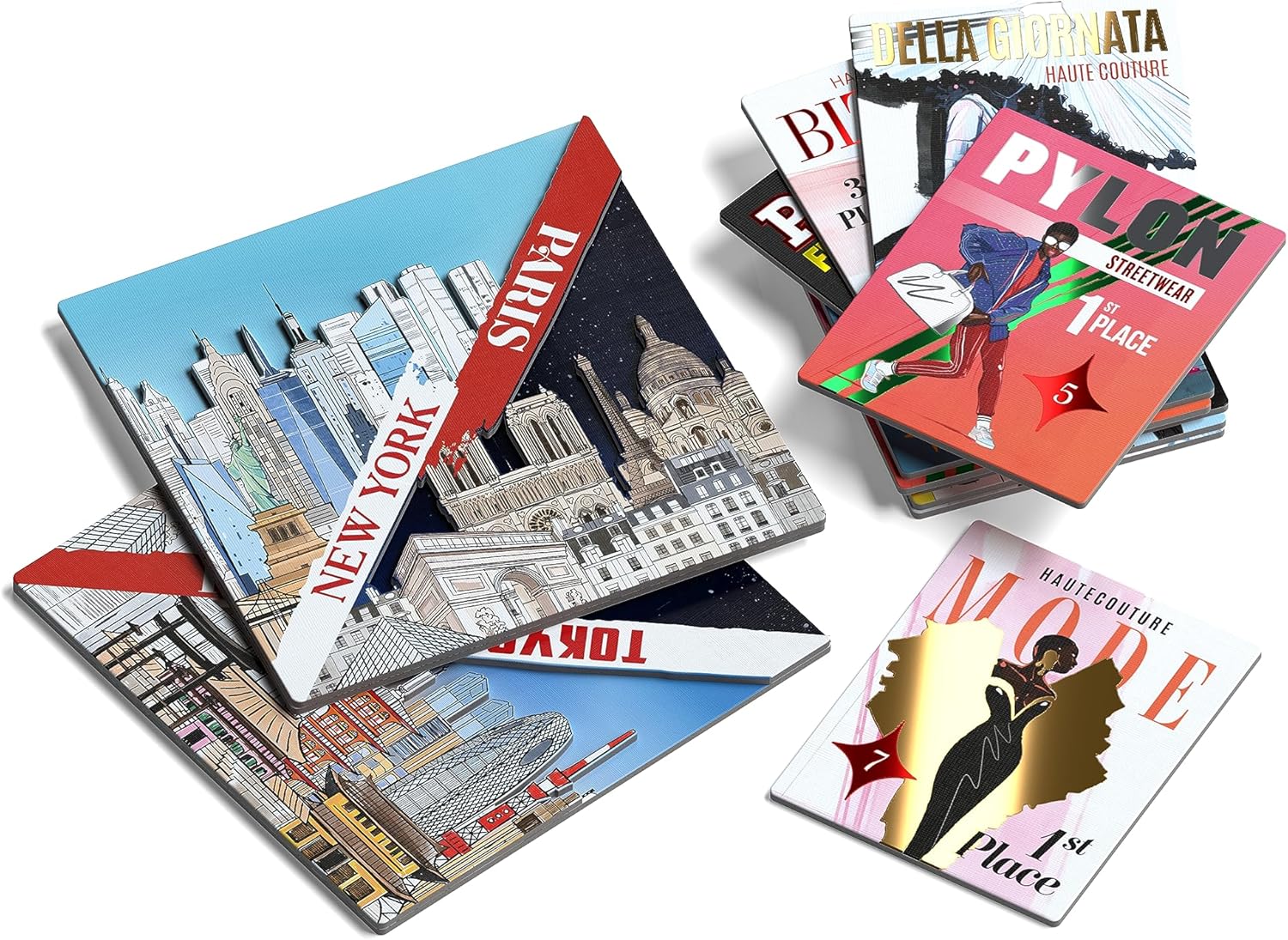 Juego de mesa Couture – Juego de cartas – Juego de subastas – Tiempo de juego de 20 minutos – 3 a 6 jugadores (Couture 3D Cities y Foil Magazines
