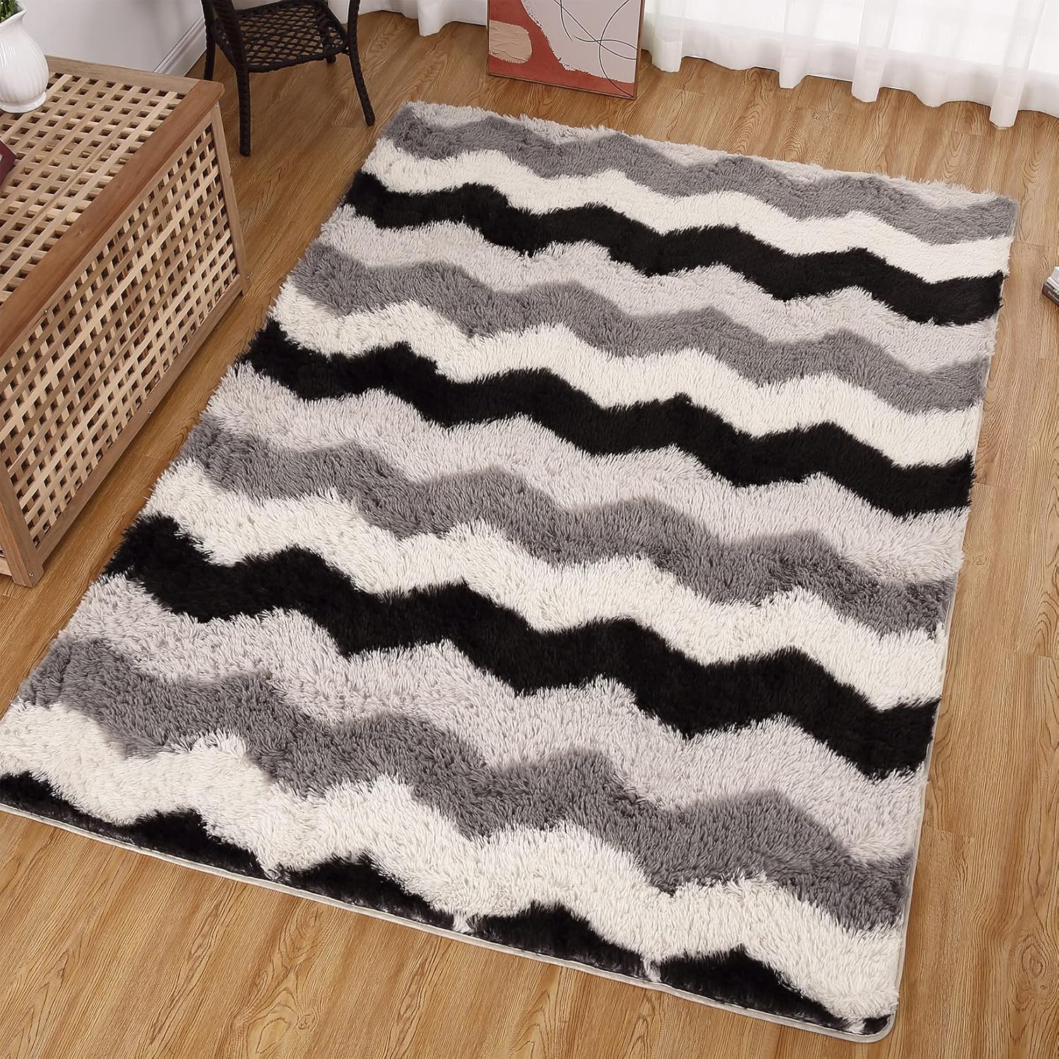Alfombra mullida de 4 x 6 pies, alfombra geométrica peluda antideslizante, alfombra moderna de felpa mullida para interiores, para sala de estar,
