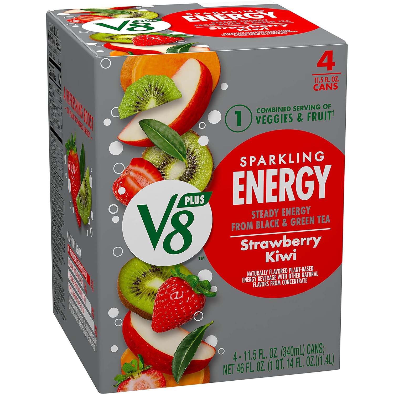 V8 SPARKLING +ENERGY – Bebida energética de fresa y kiwi, lata de 11.5 onzas líquidas (paquete de 4)
