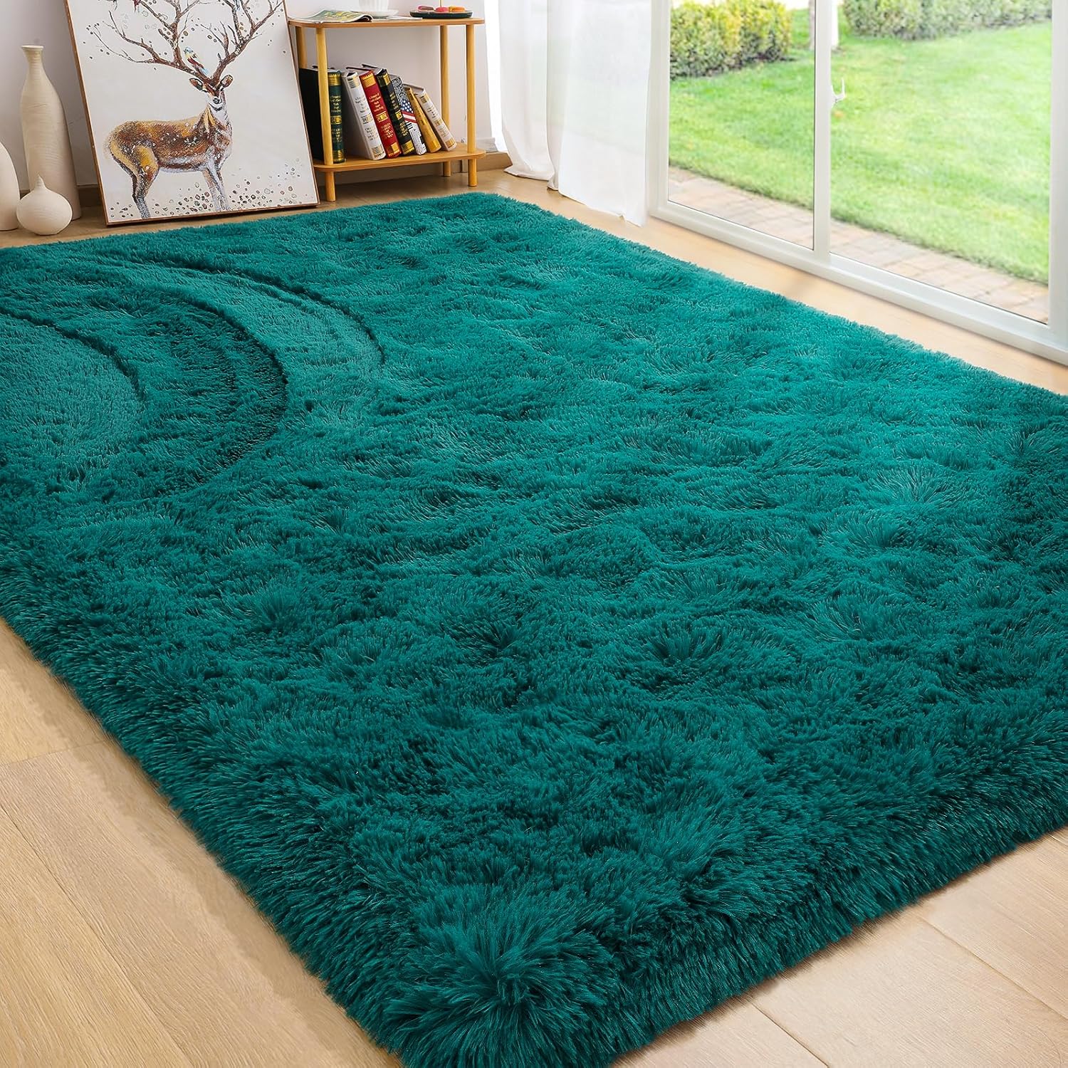 Alfombra de sala de estar, alfombra de área de 6 x 9 pies, color verde azulado, alfombras esponjosas para dormitorio, alfombras peludas para