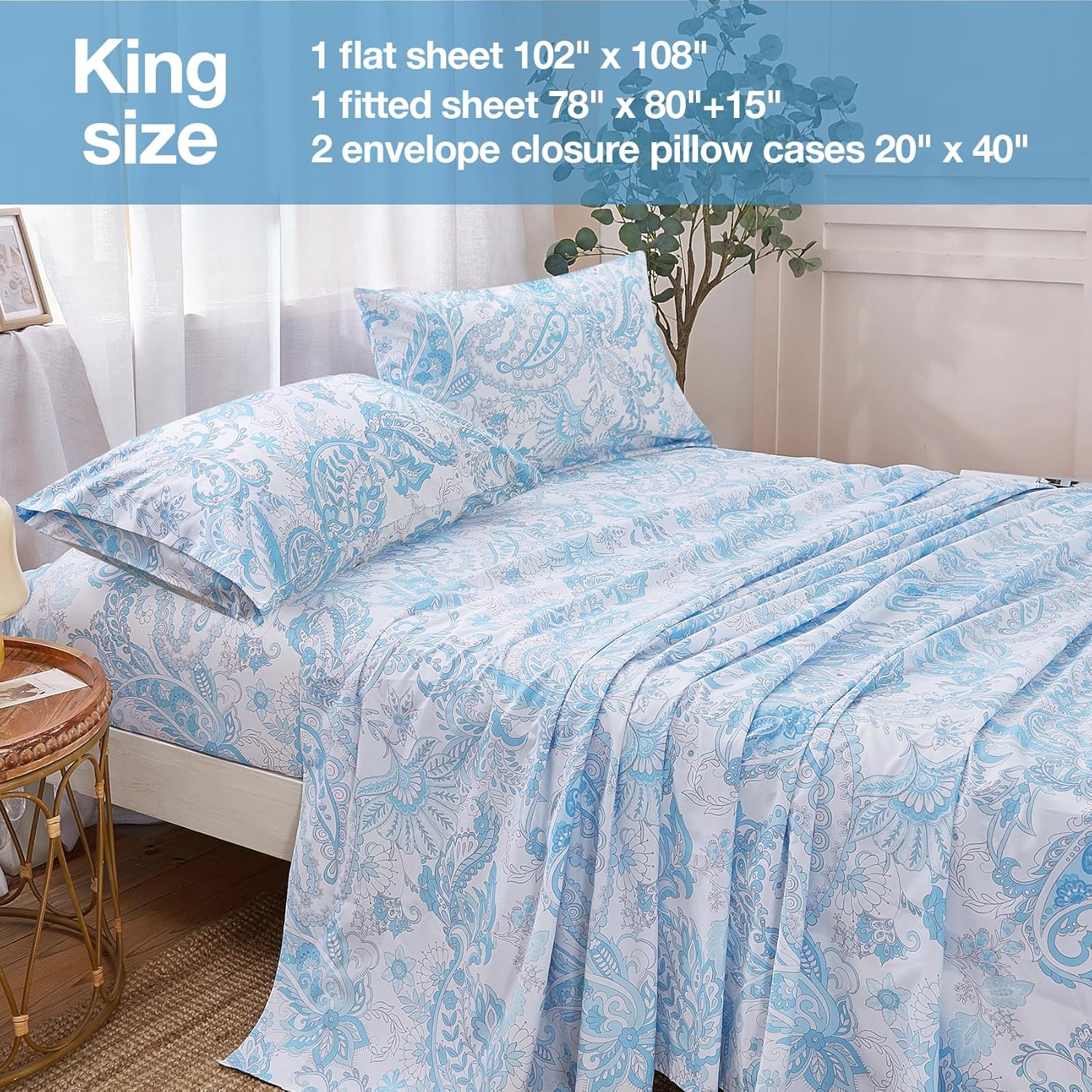 JSD Juego de sábanas de 4 piezas con estampado de cachemira azul hielo, tamaño King, sábanas de microfibra suave, bolsillo extra profundo, sin