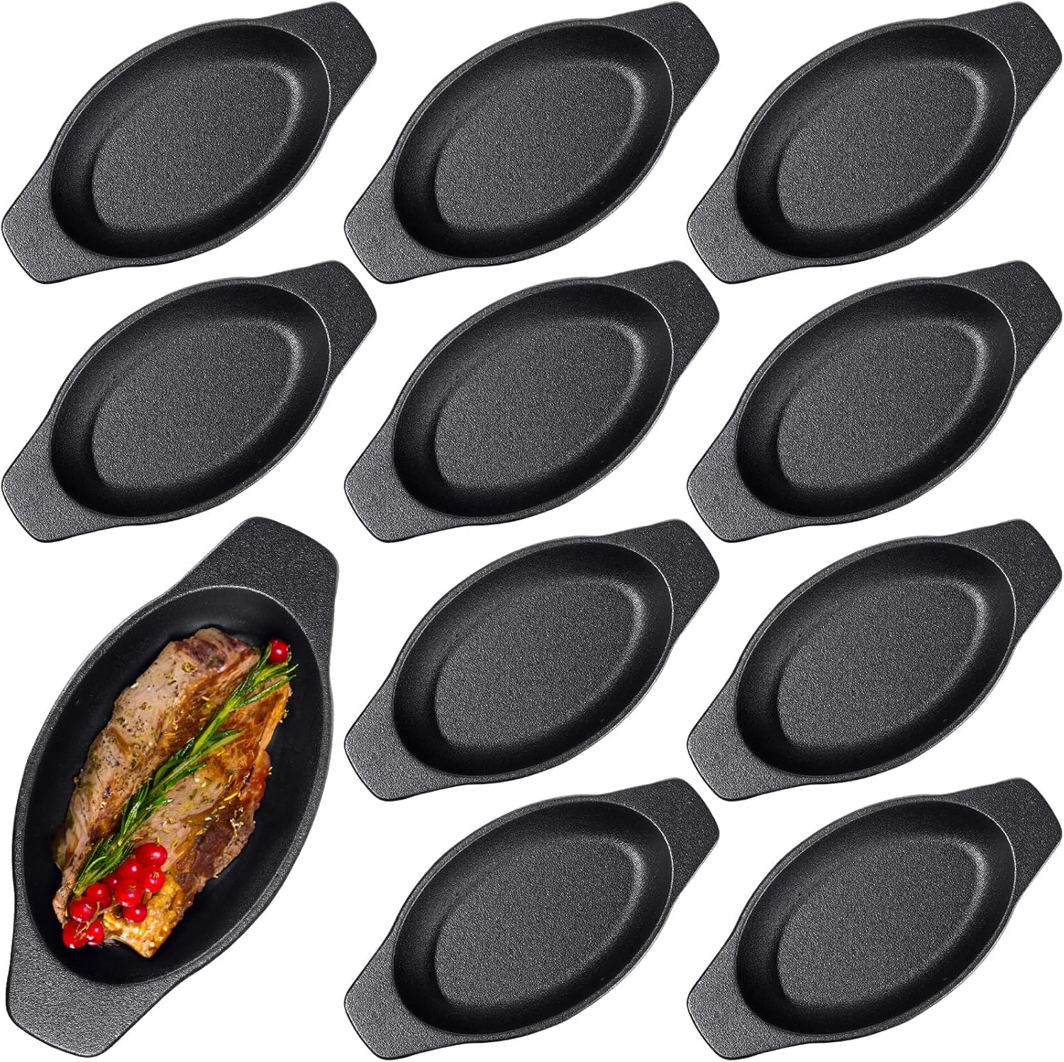 10 sartenes pequeñas de hierro fundido de 4 x 6 pulgadas, mini sartenes ovaladas para servir fajita a granel con asa chisporroteante plato de sartén