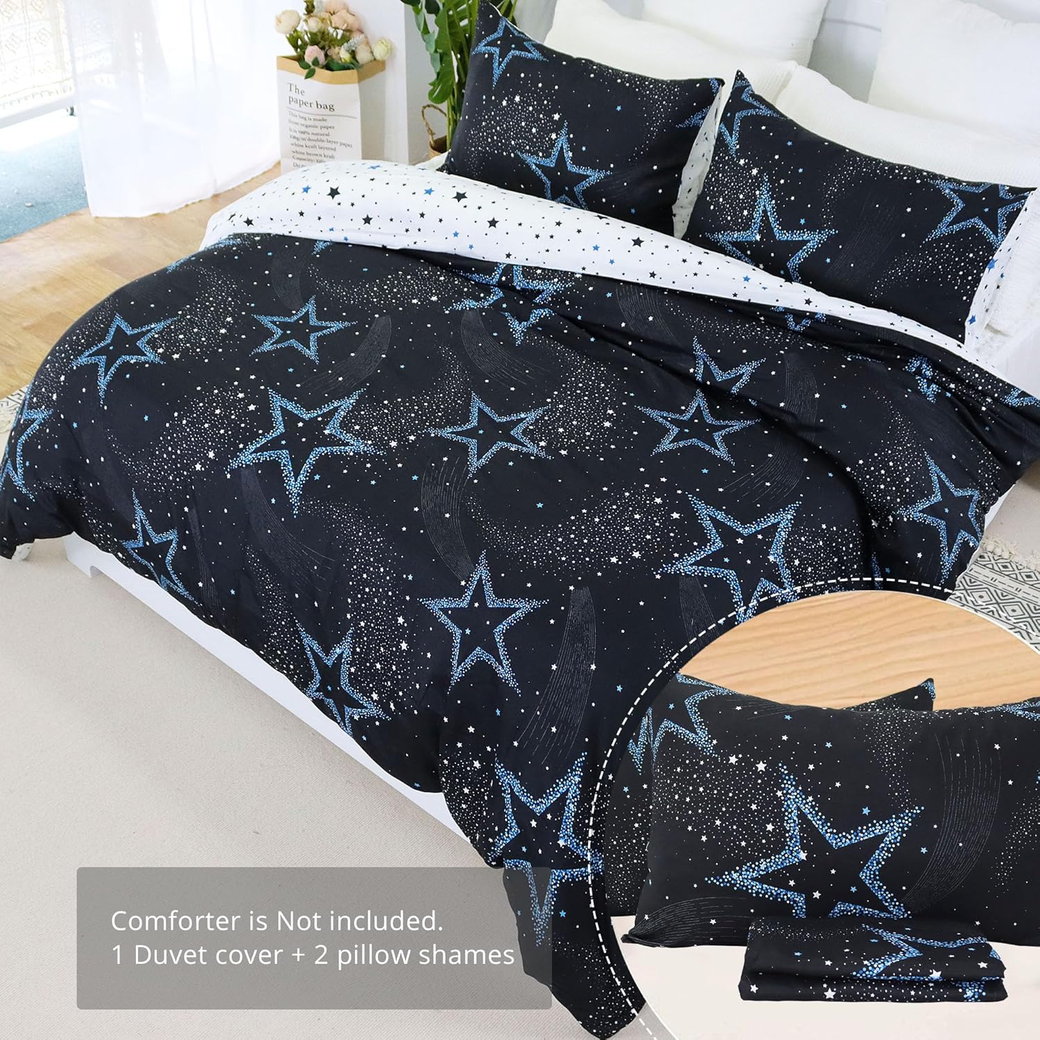 Usfivefam Juego de funda de edredón tamaño King, 3 piezas, reversible, color blanco y negro, estampado de universo exterior, azul estrellado, juego