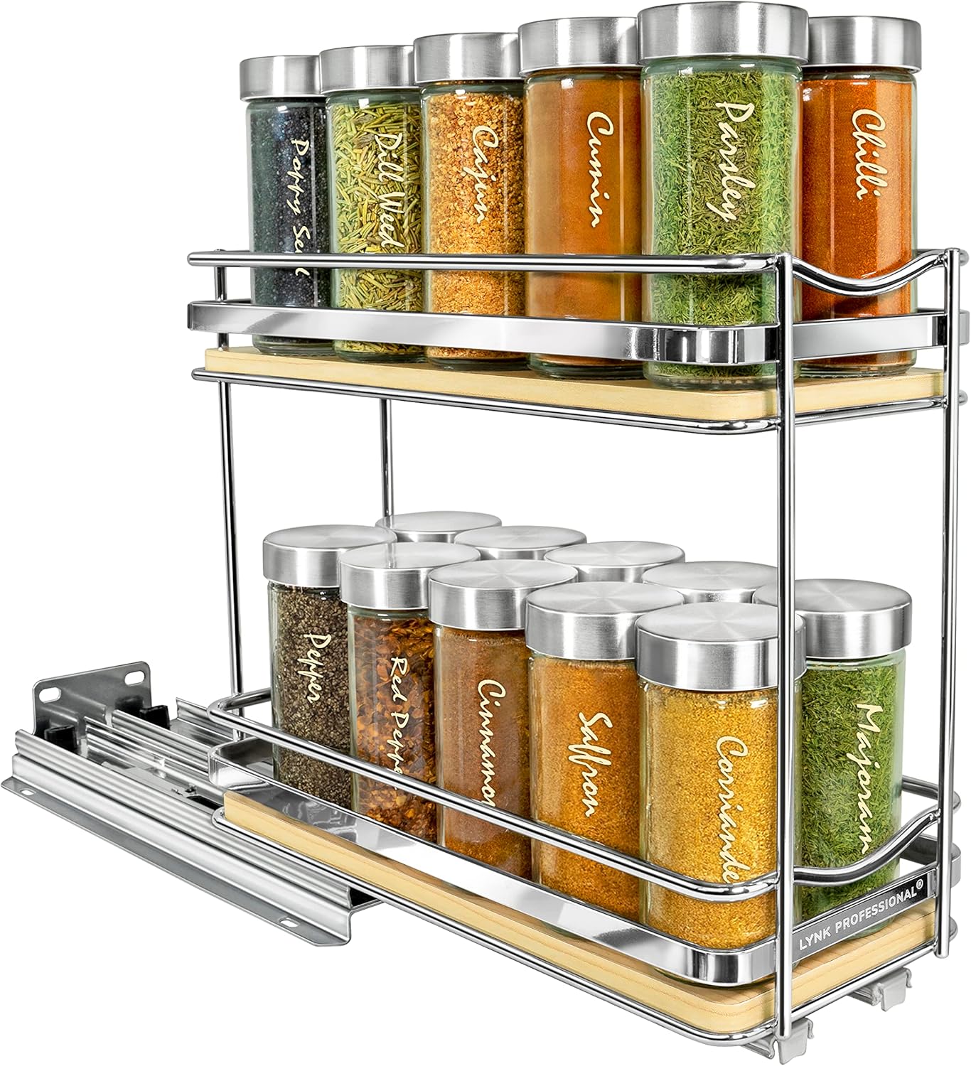 LYNK PROFESSIONAL Élite – Organizador extraíble de especias para armario, 4-14 pulgadas de ancho, estante deslizante, organizador de madera y cromo,