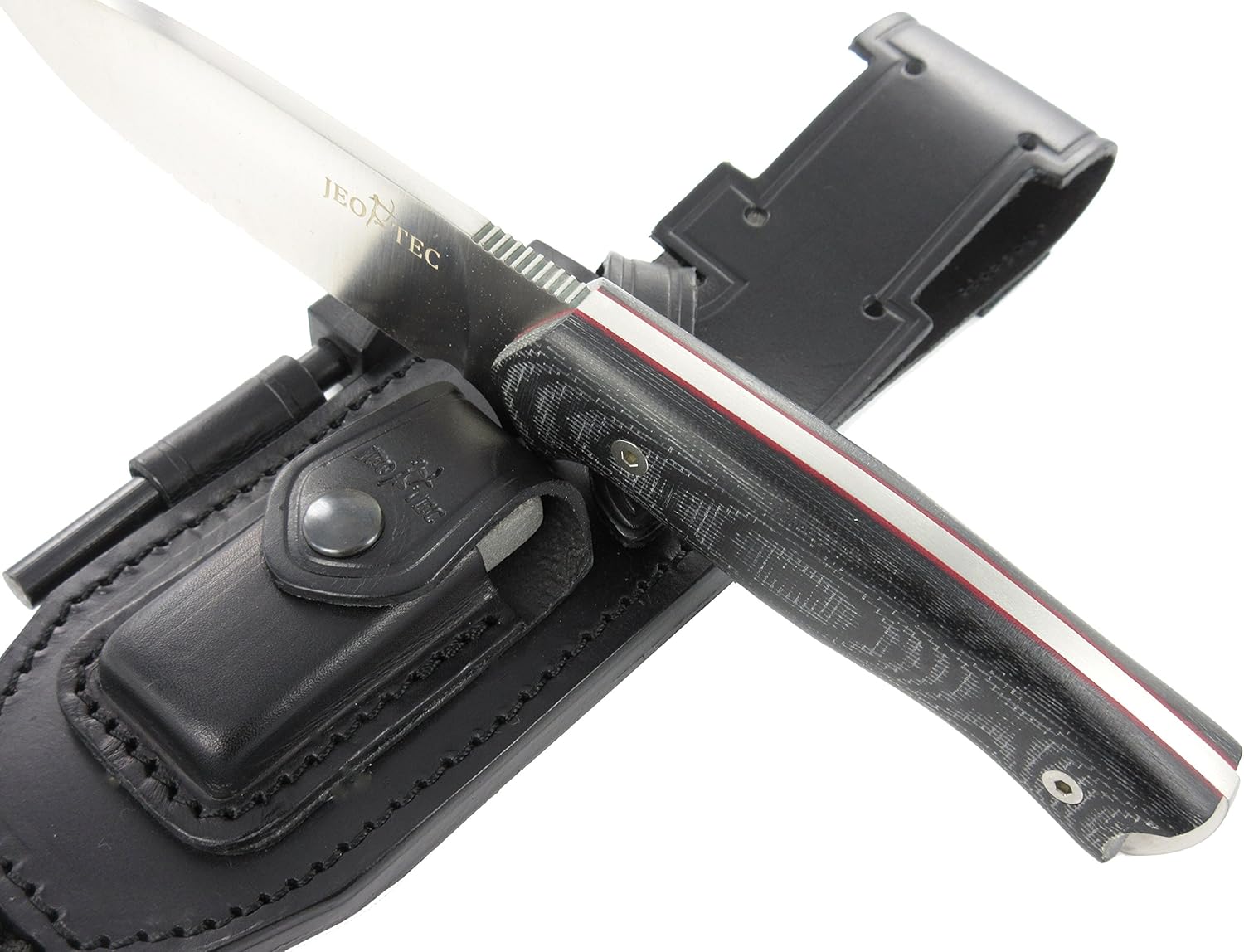 JEO-TEC N21 Bushcraft Survival Hunting Cuchillo táctico de hoja fija – BOHLER N690C acero inoxidable, funda de cuero multiposición, piedra afiladora