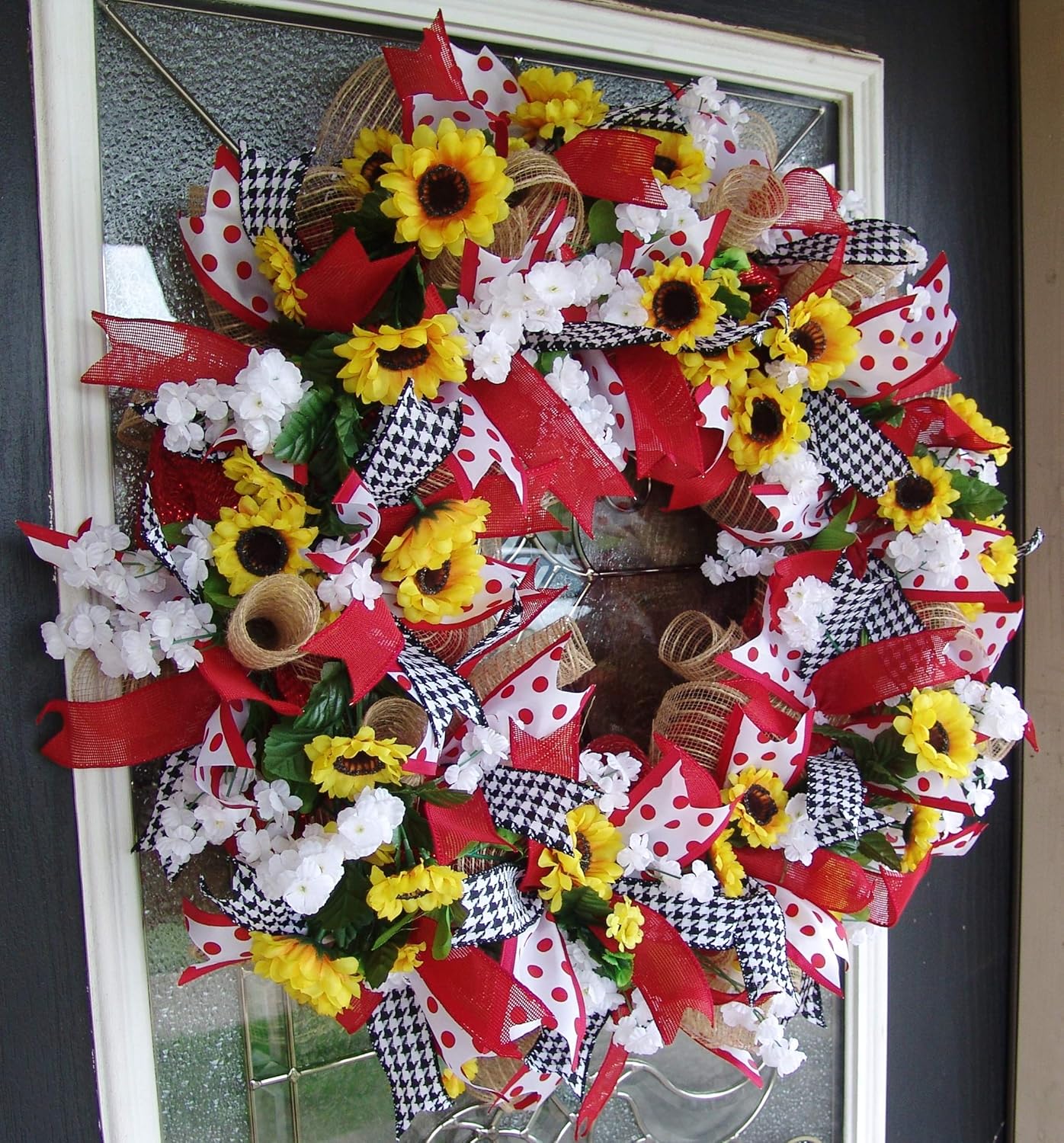 Bright Spring Summer Red Polka Dot Sunflower Deco Mesh Front Door Wreath, Porch Patio Decor, Indoor Outdoor Decoration