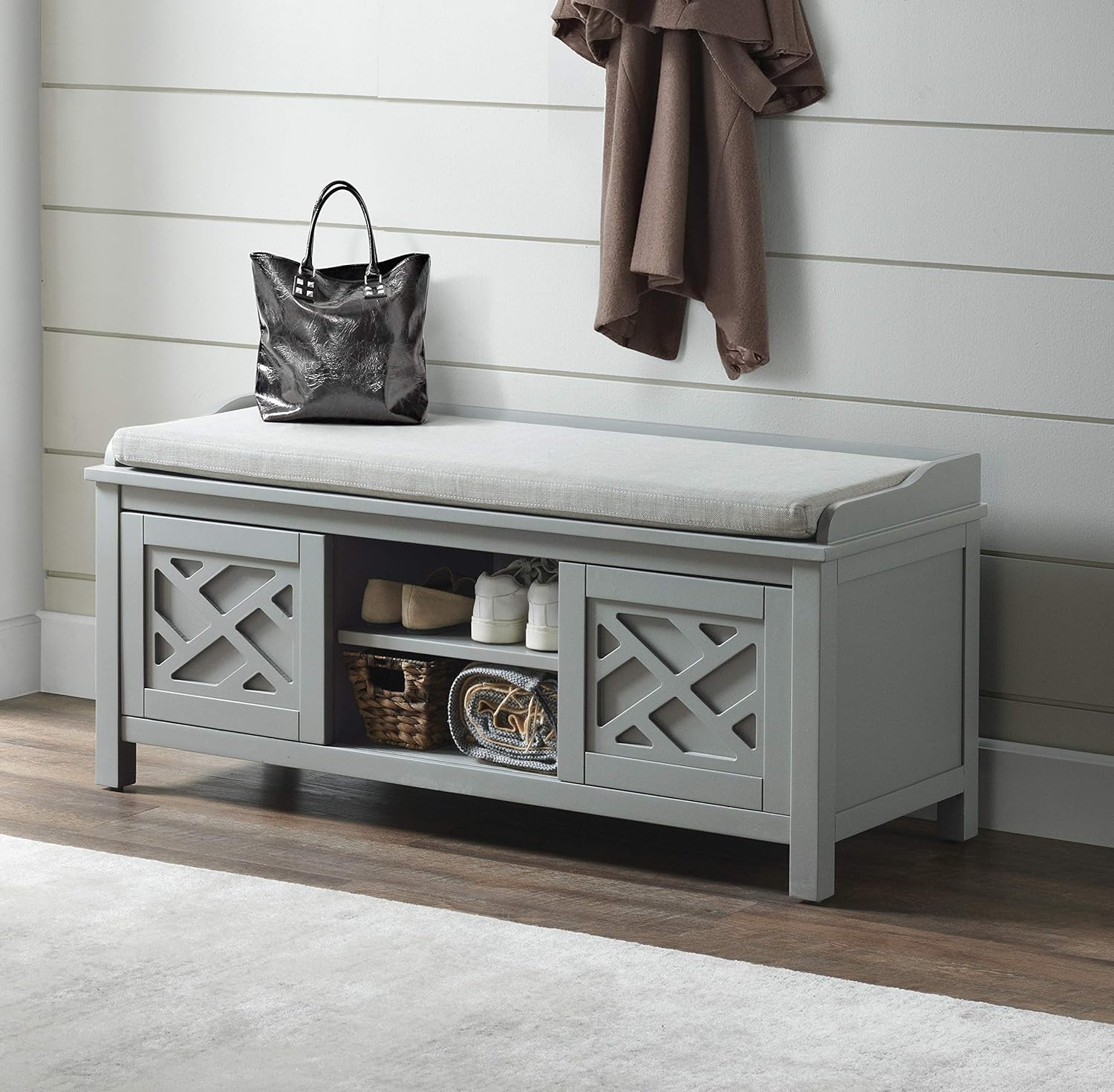 Alaterre Furniture Coventry – Banco de almacenamiento de madera con cojín, 45 pulgadas de ancho, color gris