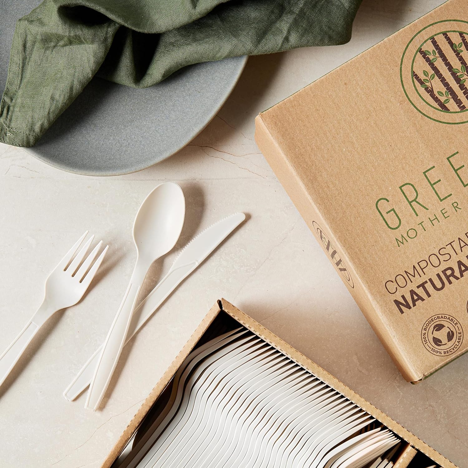 GREENPRINT Juego de cubiertos compostables (paquete de 150) 50 tenedores, 50 cucharas, 50 cuchillos, cubiertos desechables biodegradables,