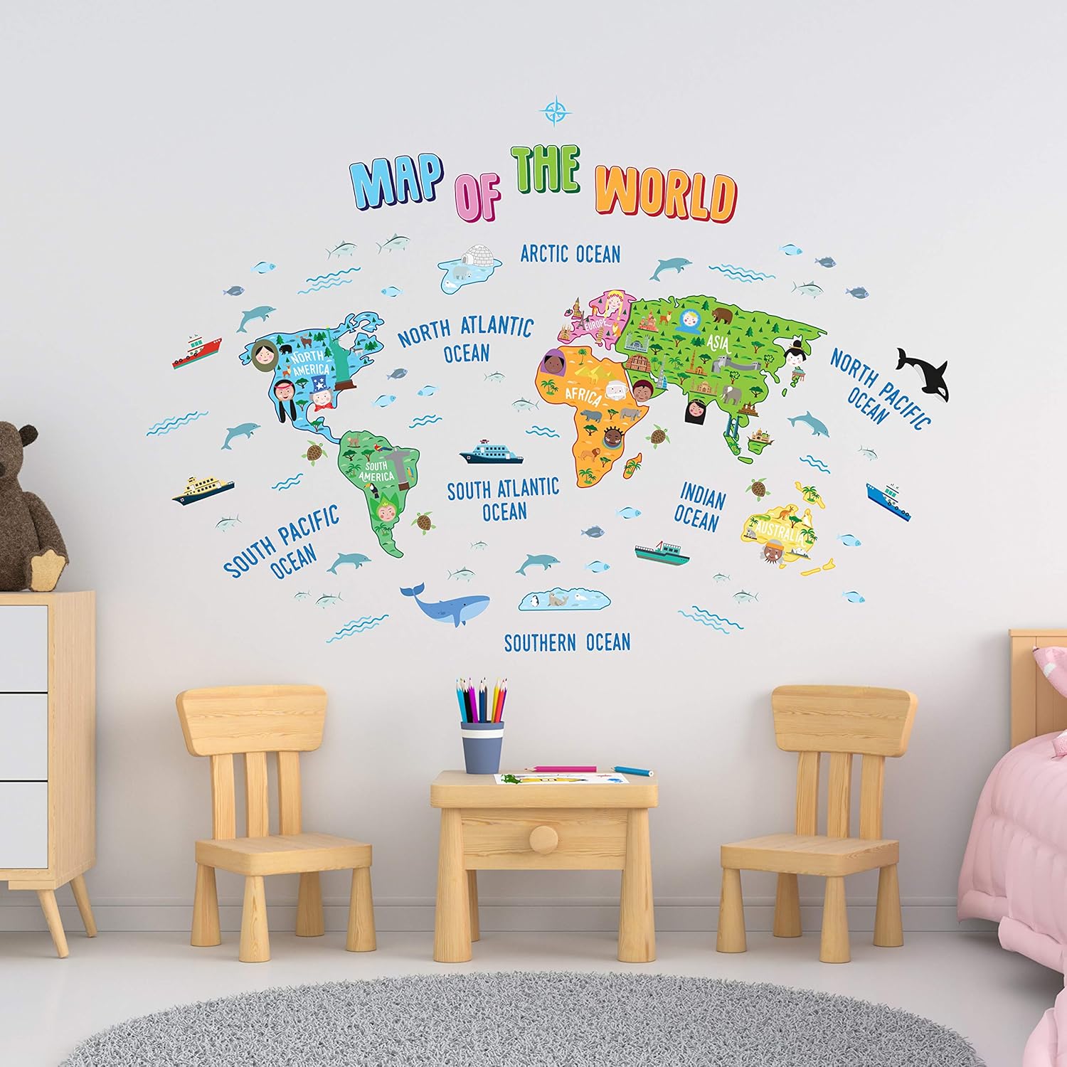 WALPLUS Pegatinas de pared de mapa del mundo, autoadhesivas, autoadhesivas, calcomanías de vinilo para bricolaje, guardería, habitación de niños,