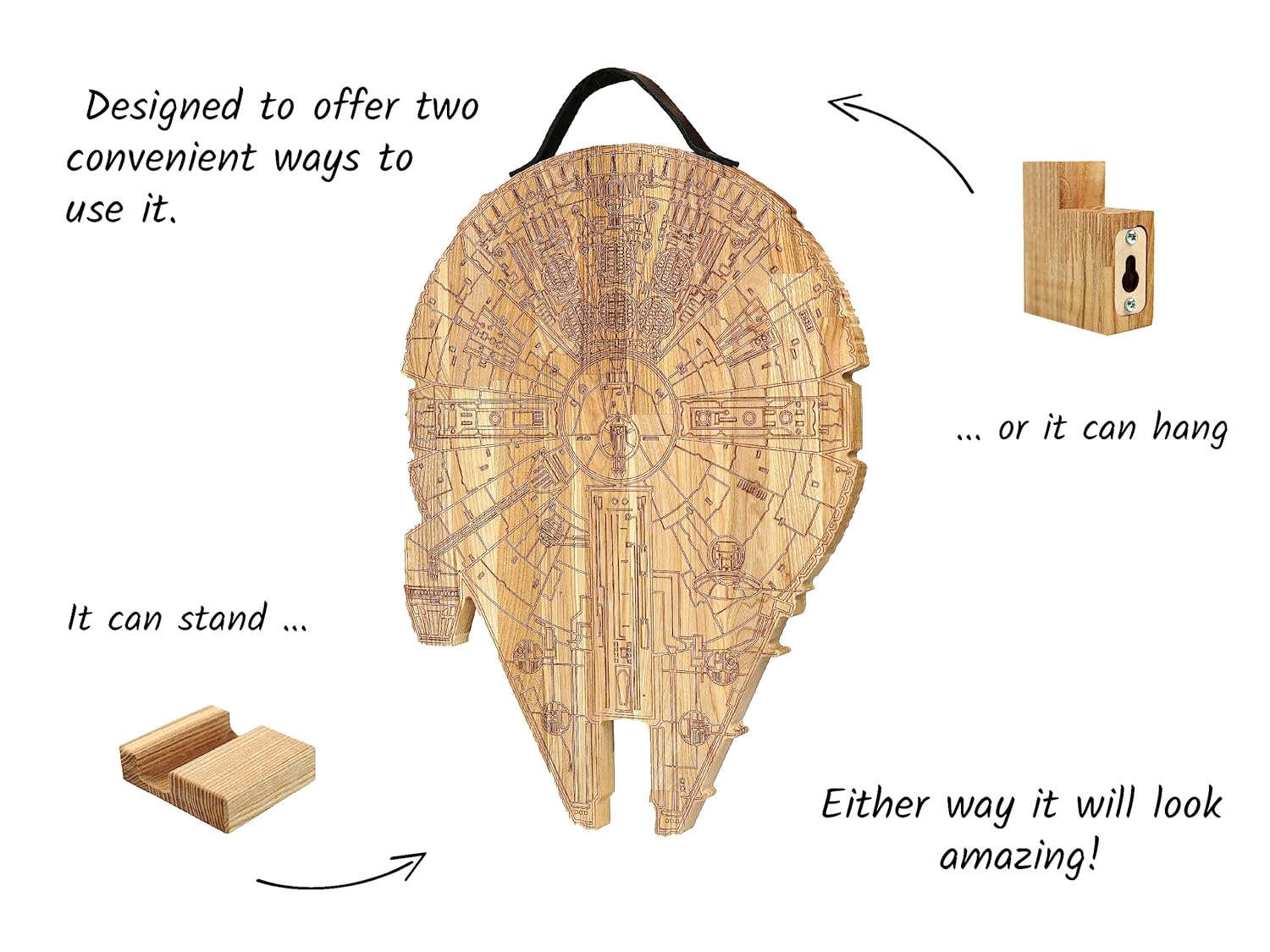 Millennium Falcon Cutting Board For Kitchen, Large Wood Chopping Board Set With Handle And Stand, Charcuterie Cheese Board With Holder, All-in-one