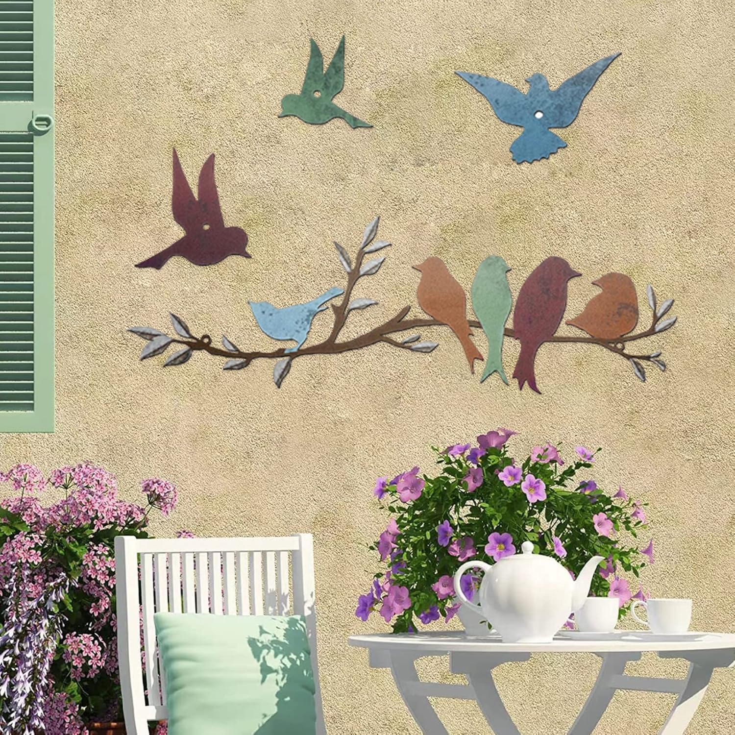 Eaarliyam Decoración de pared de metal, decoración de patio de pájaros de metal, decoración de pared con hojas con pájaros, escultura de metal,