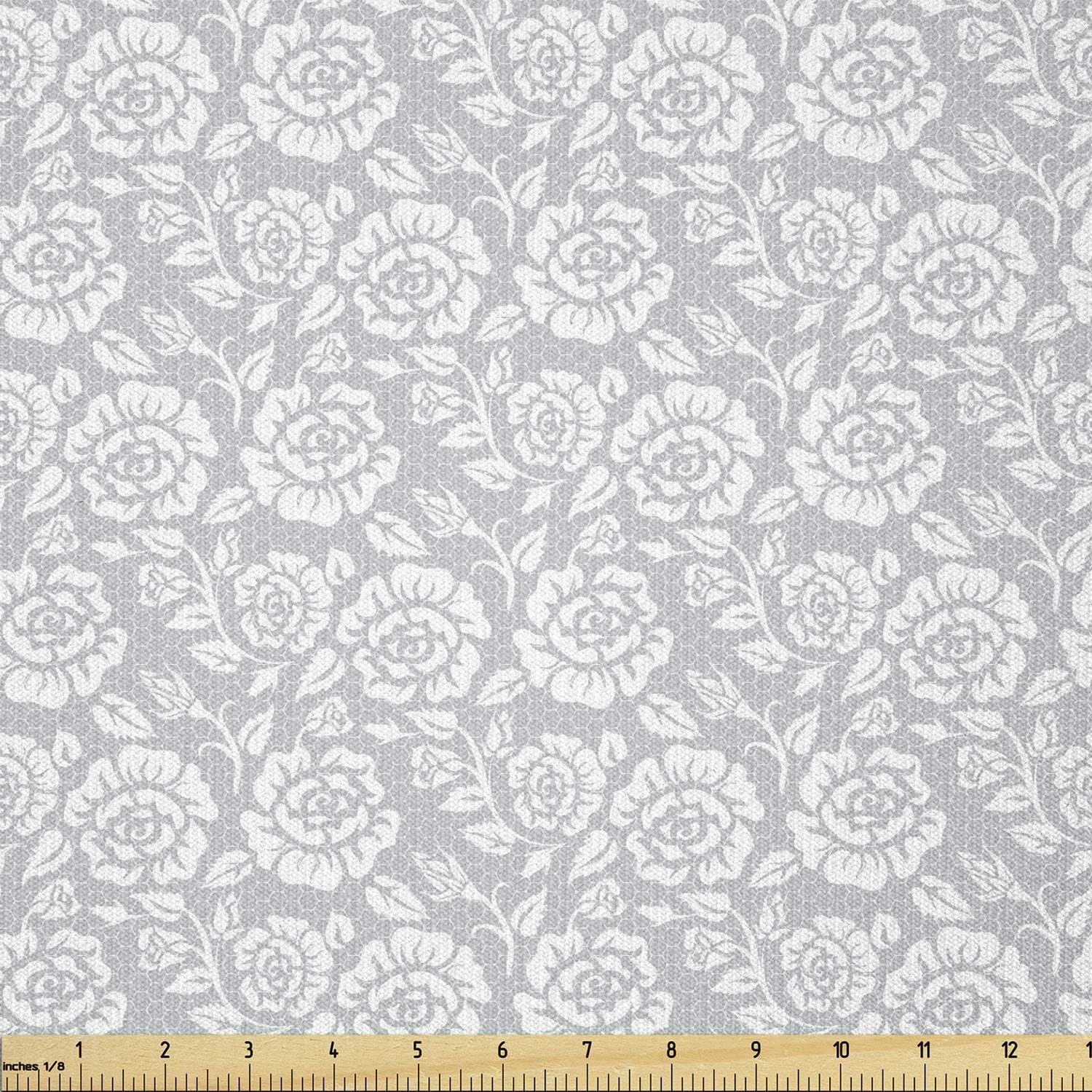 Ambesonne Tela gris de The Yard, estampado de capullos florales y hojas, estilo campestre inglés, impresión de encaje victoriano, tela de punto