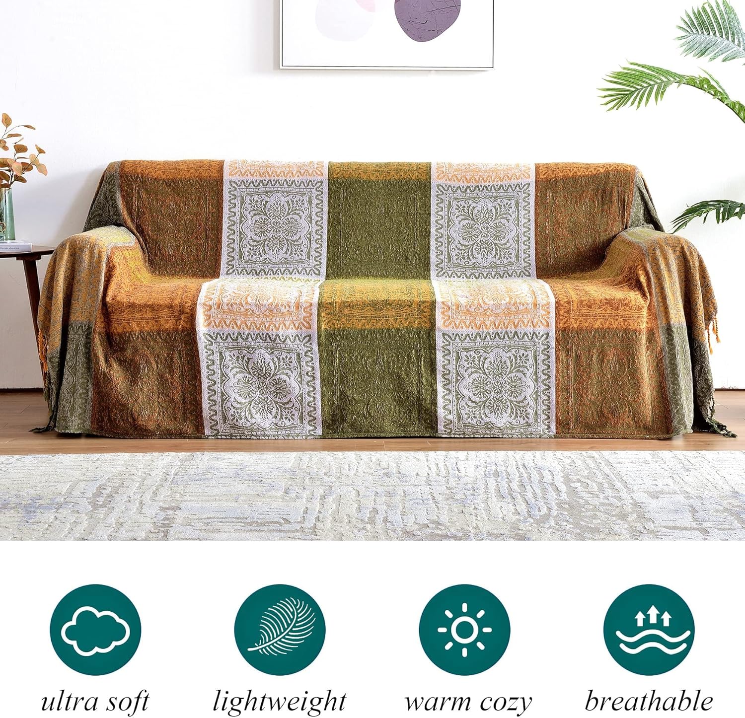 Funda de sofá bohemia, manta bohemia con borlas, decoración hippie para sofá, silla, sofá biplaza, cama, funda bohemia tribal con flecos