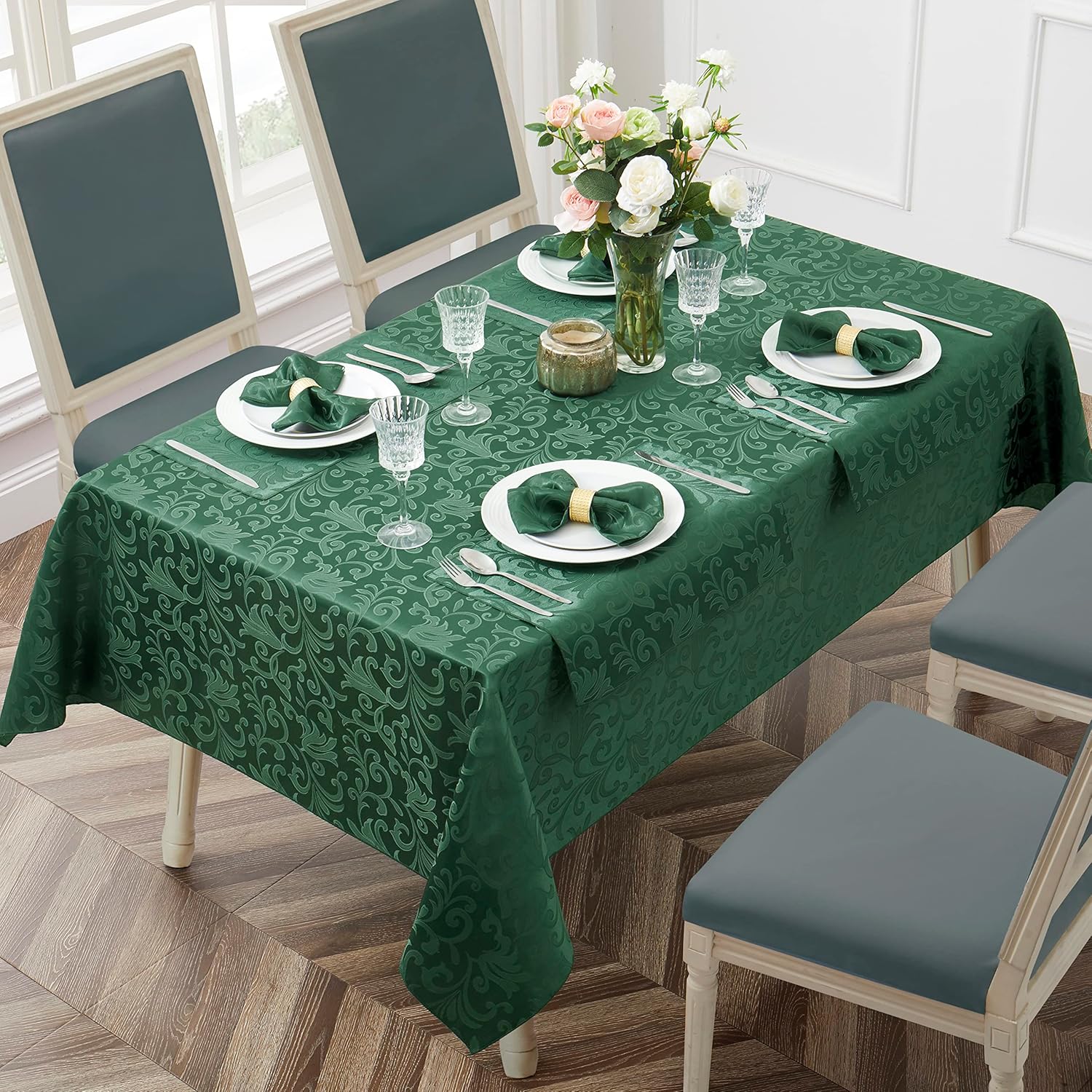 HommxJF Mantel rectangular de damasco de desplazamiento verde jacquard, 60 x 120 pulgadas, mantel lavable para mesa de comedor, fiestas de bufé y