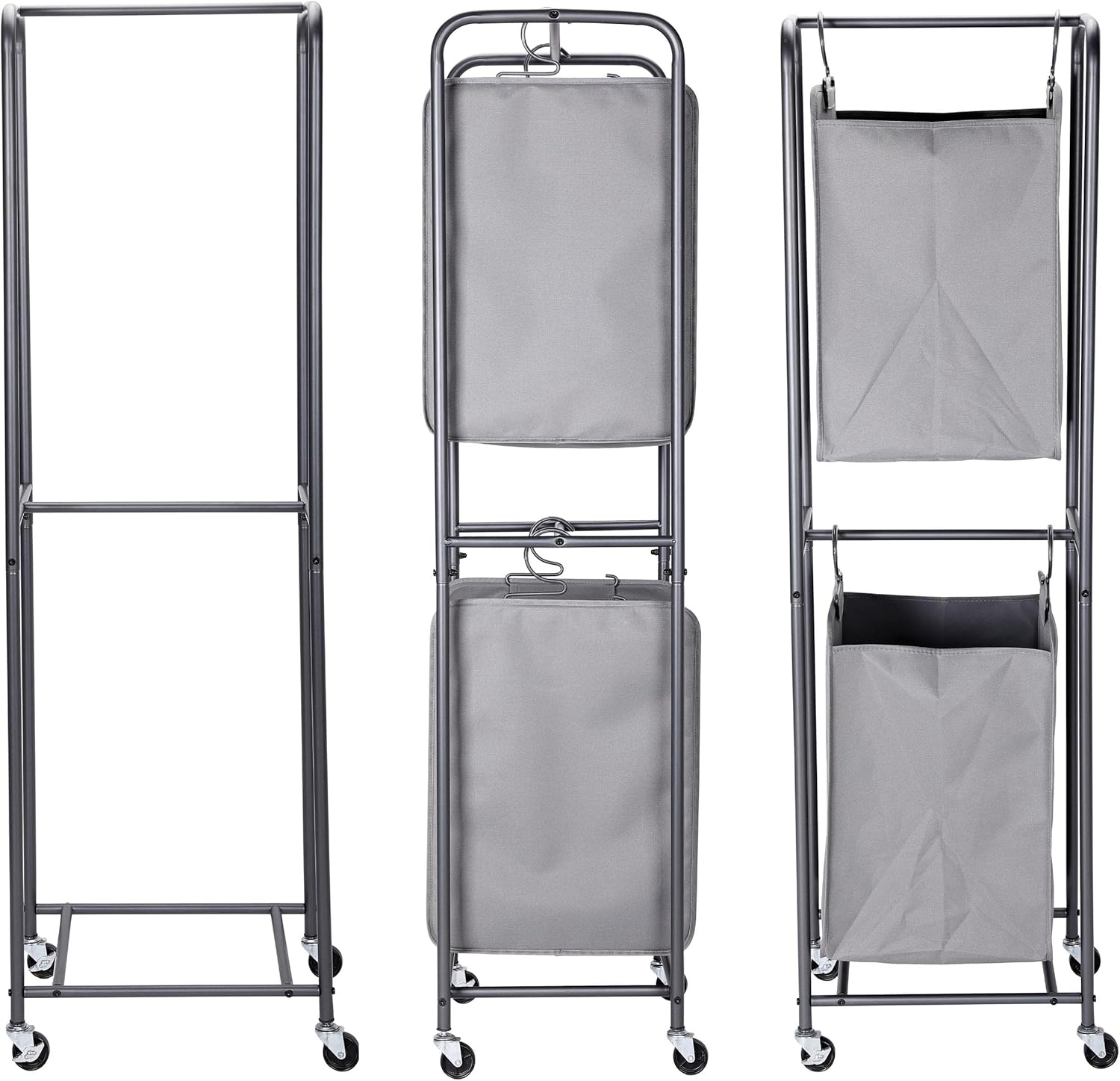 BIRDROCK HOME Clasificador vertical de 2 niveles para ropa sucia – Gris – Carrito con secciones de cesta dobles – Cuatro ruedas – Bolsas de ropa