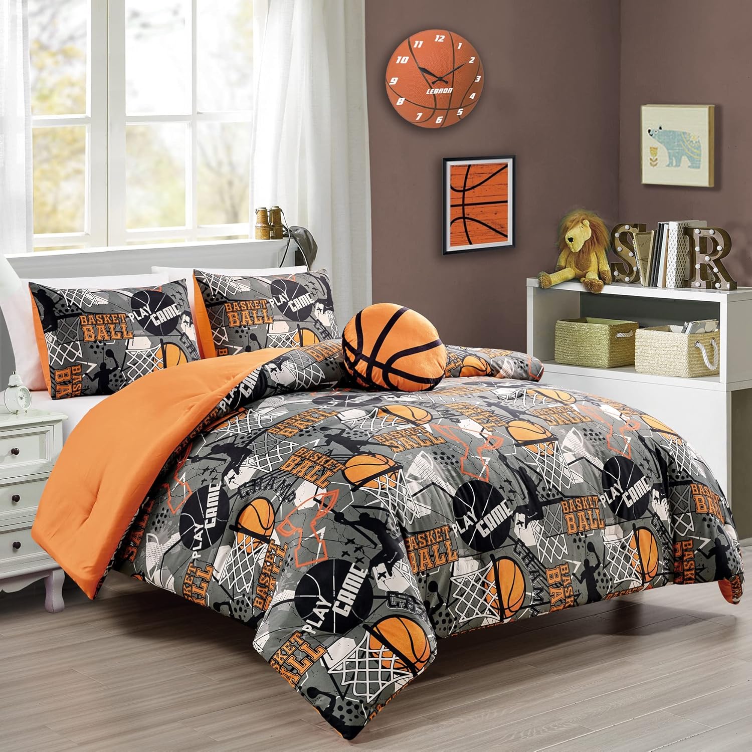 Chezmoi Collection Juego de edredón de 3 piezas para niños, microfibra suave, gris, naranja, multicolor, baloncesto, Slam Dunk Sports, tamaño