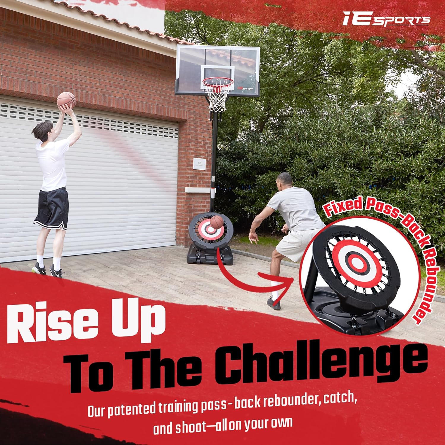 IE SPORTS Aro de baloncesto para exteriores, fácil ajuste de altura de 7.5 a 10 pies, sistema de portería de baloncesto portátil para niños y