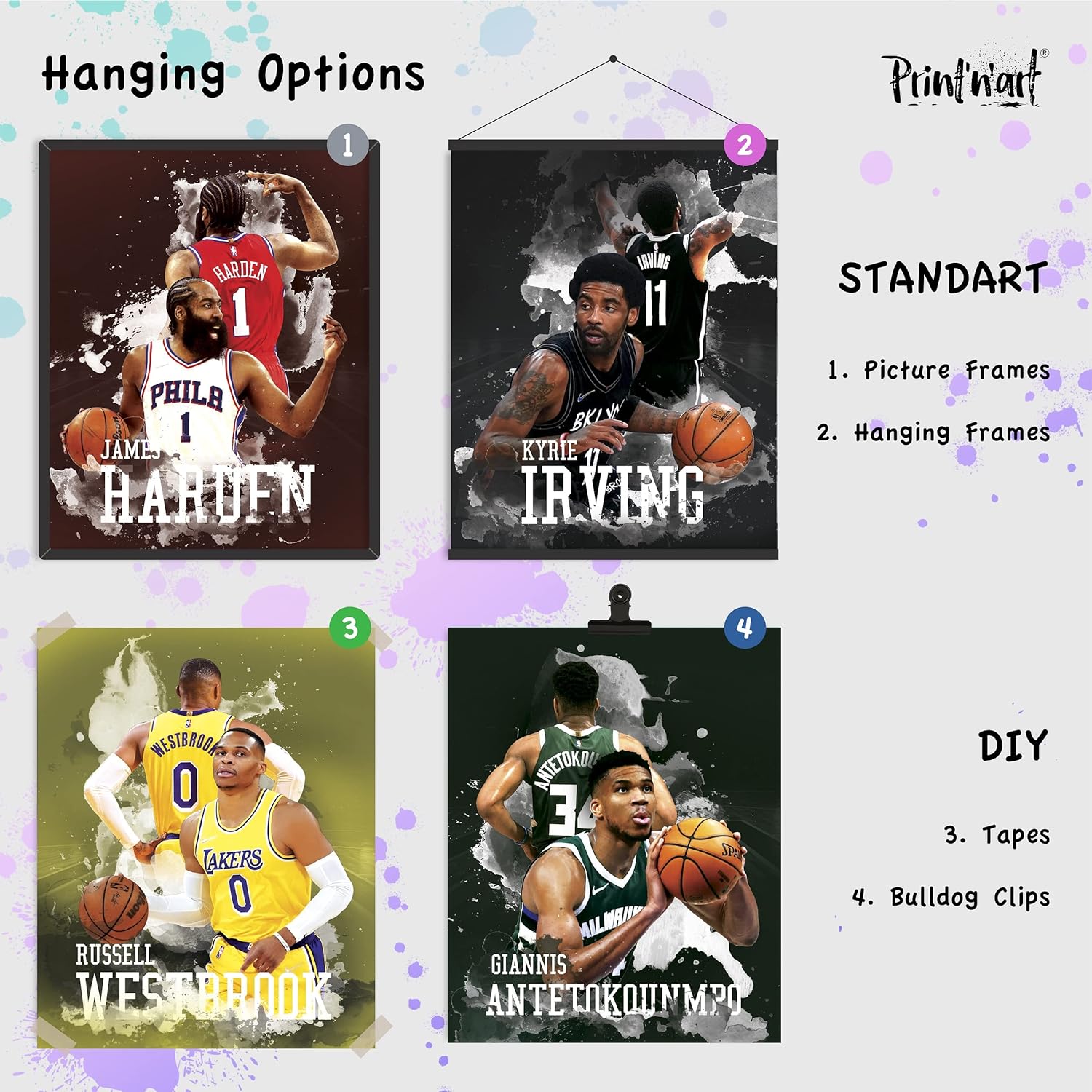 Print’N’Art Crea un ambiente inspirador con el juego de 1 póster de jugador de baloncesto de 12 x 16 pulgadas para decoración de habitación de