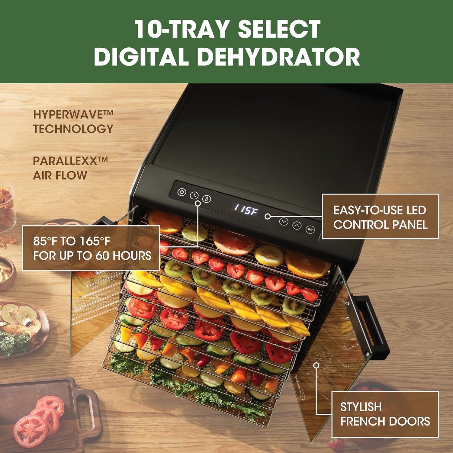 Excalibur Deshidratador eléctrico de alimentos Select Series 10 bandejas con control de temperatura ajustable, incluye bandejas de secado cromadas,
