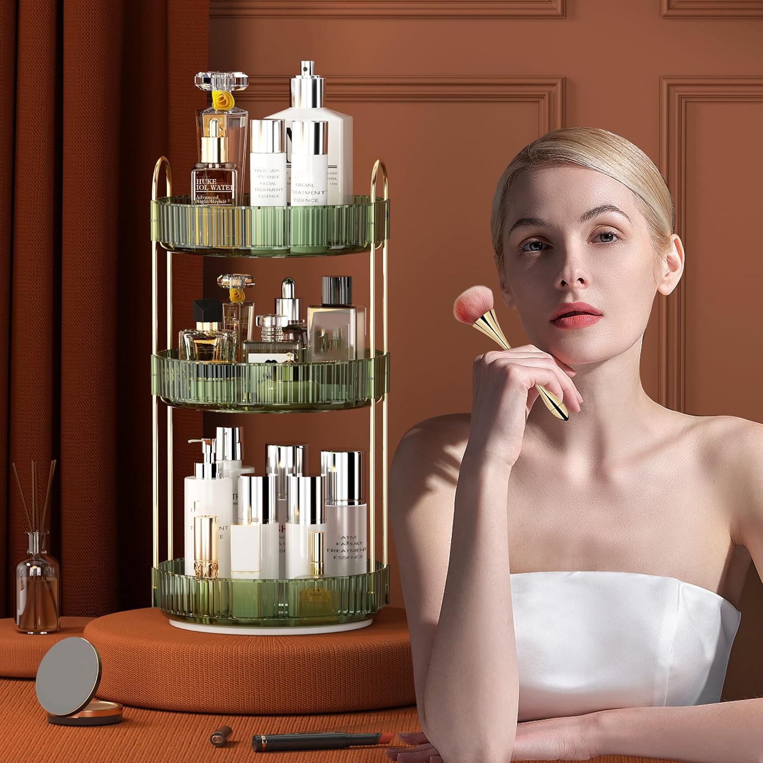 YCIA&DONE Organizador de maquillaje giratorio 360 y almacenamiento para encimera de tocador, 3 niveles, organizador de perfumes cosméticos de alta
