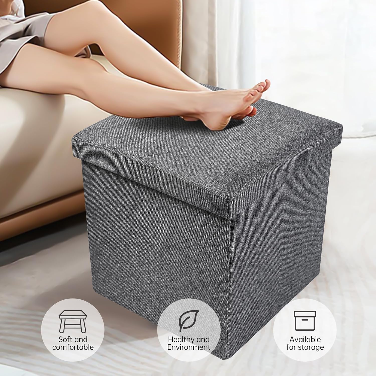 Otomana plegable de almacenamiento, otomana pequeña con almacenamiento, reposapiés acolchado, asiento reposapiés de piel sintética, mesa de café,