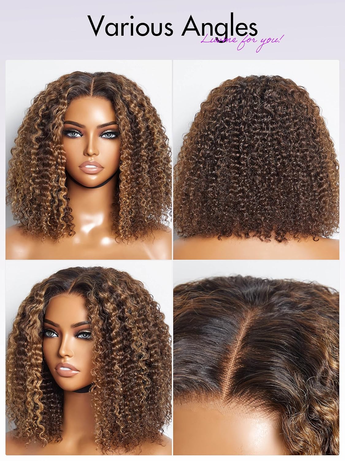 LUVME HAIR Peluca de cabello humano rizado sin pegamento con reflejos de 12 pulgadas, precortada 5×5 HD, cierre de encaje, peluca predepilada marrón