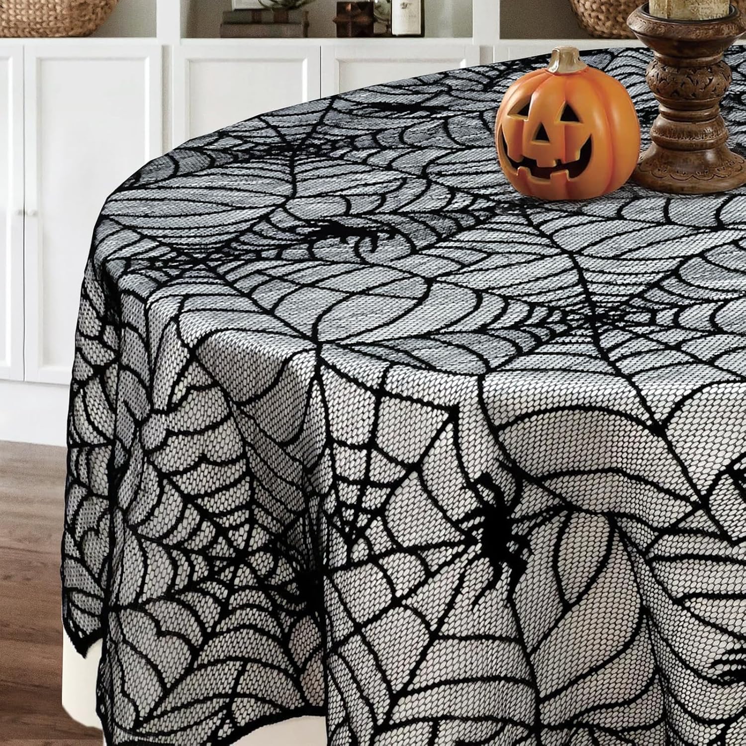 BUHUA Decoración de mantel negro de Halloween, mantel de tela de araña de encaje, funda de mesa redonda de Halloween para suministros de fiesta en
