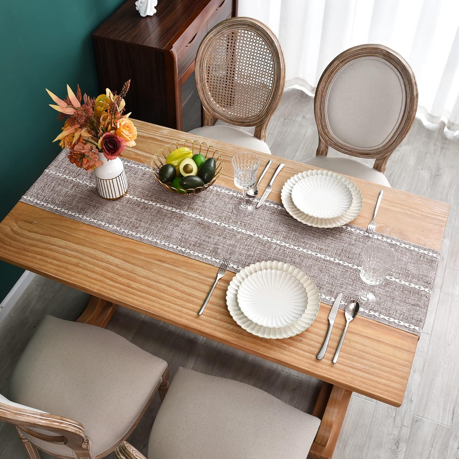Camino de mesa rústico de granja con rayas trenzadas, decoración de mesa bordada para cocina, sala de estar, comedor, vacaciones y fiesta, café, 13