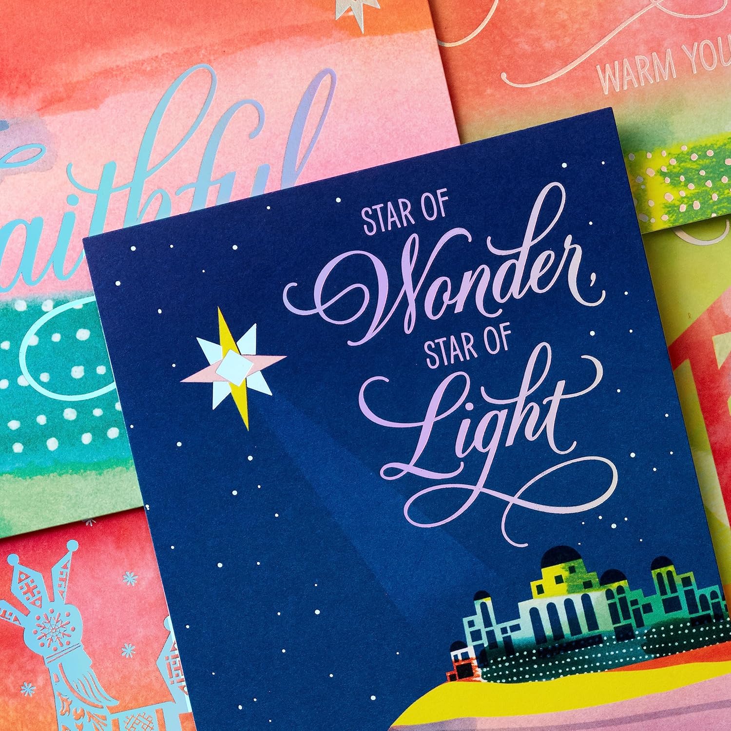 Hallmark – Surtido de tarjetas de Navidad religiosas en caja, Star of Wonder (36 tarjetas y sobres) rosa, azul, amarillo, verde, naranja
