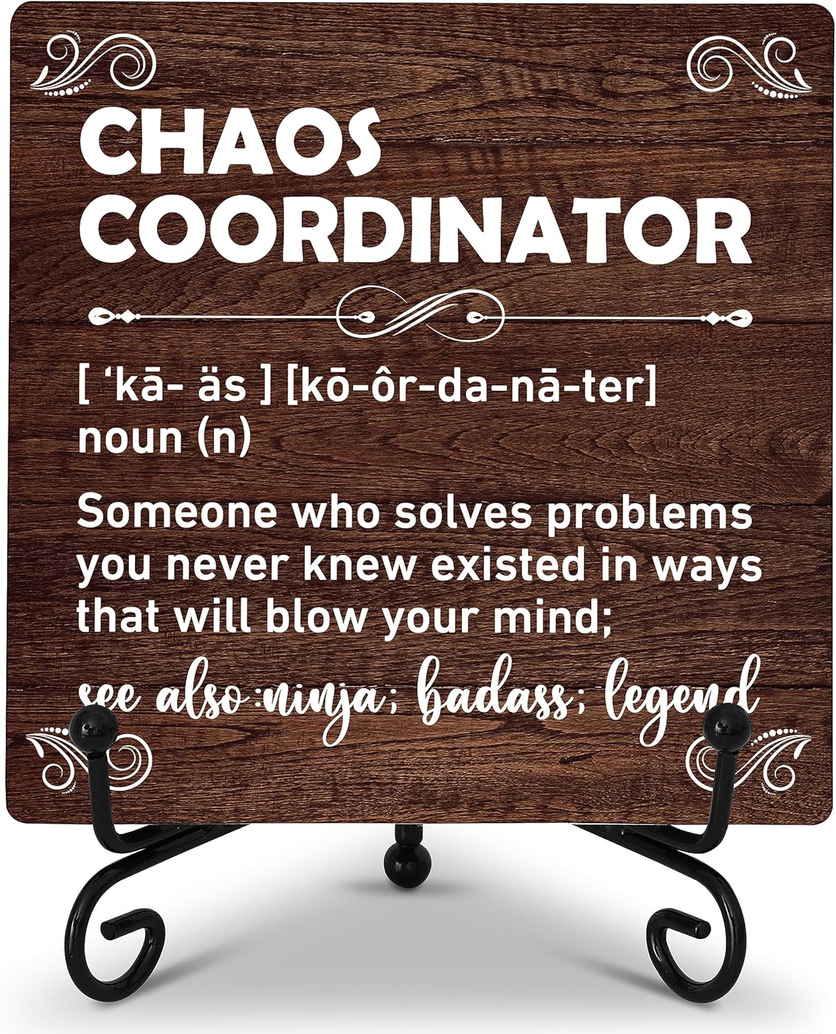 Chaos Coordinator – Decoración de escritorio de oficina en casa, letrero de placa de madera con soporte de hierro, regalos de agradecimiento para