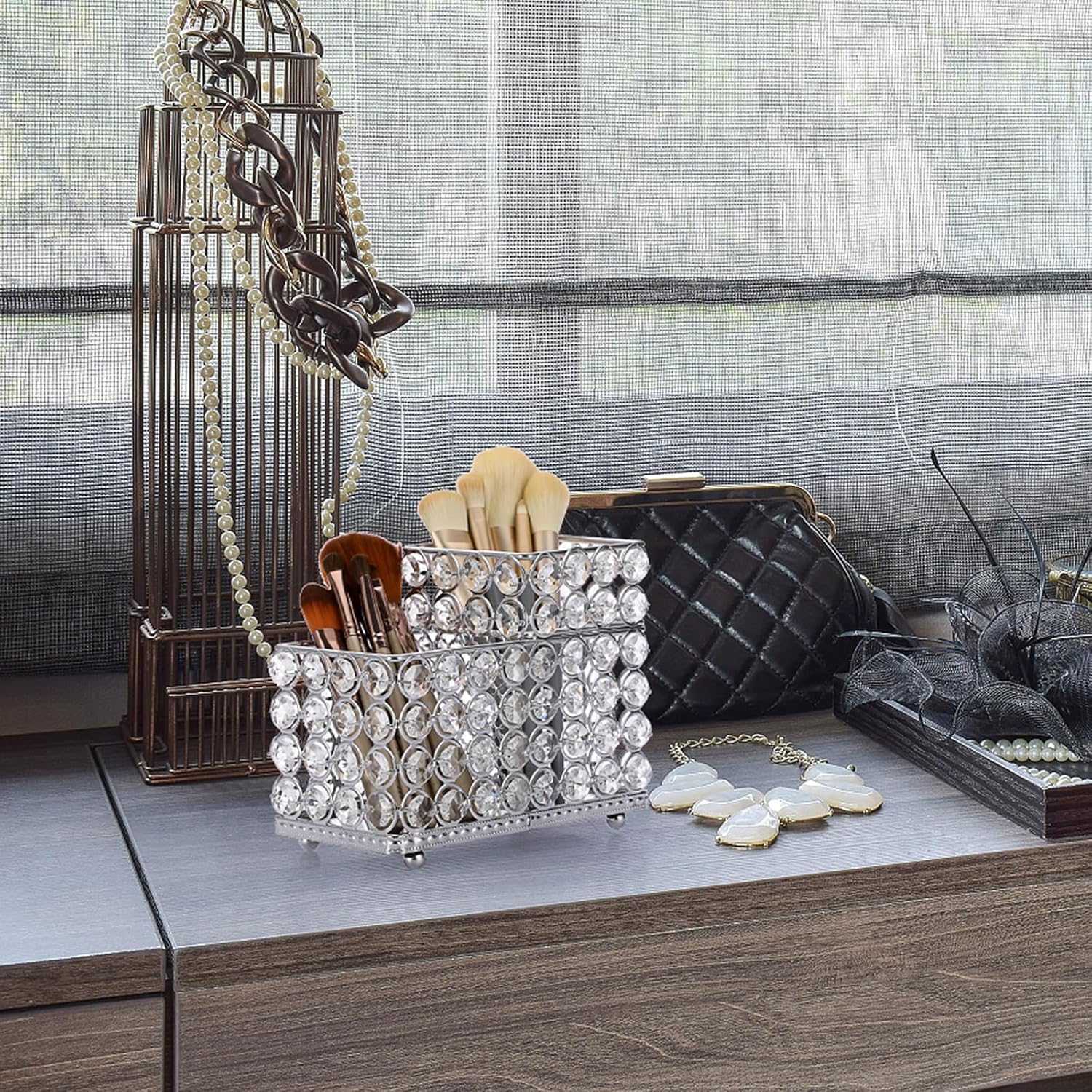 ELLDOO Soporte para brochas de maquillaje de cristal, organizador de cosméticos de 2 ranuras, centro de almacenamiento, delineadores de ojos,