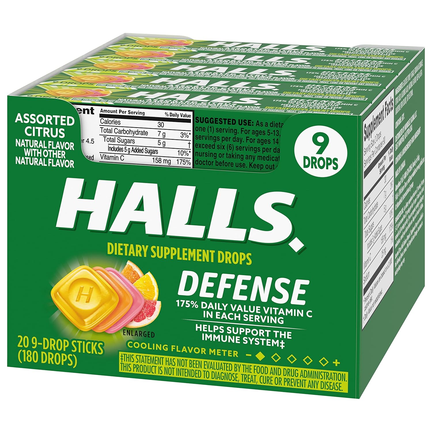 HALLS Defense – Gotas de vitamina C cítricas surtidas, 20 barras de 9 gotas (180 gotas en total)