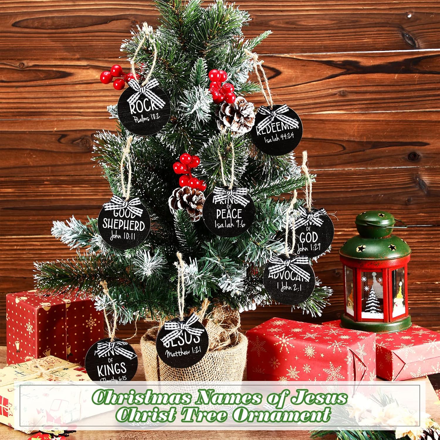 12 piezas de adornos navideños con nombres de Cristo, adornos colgantes de madera con nombres de salvador, adorno para árbol de Navidad con bolsa de