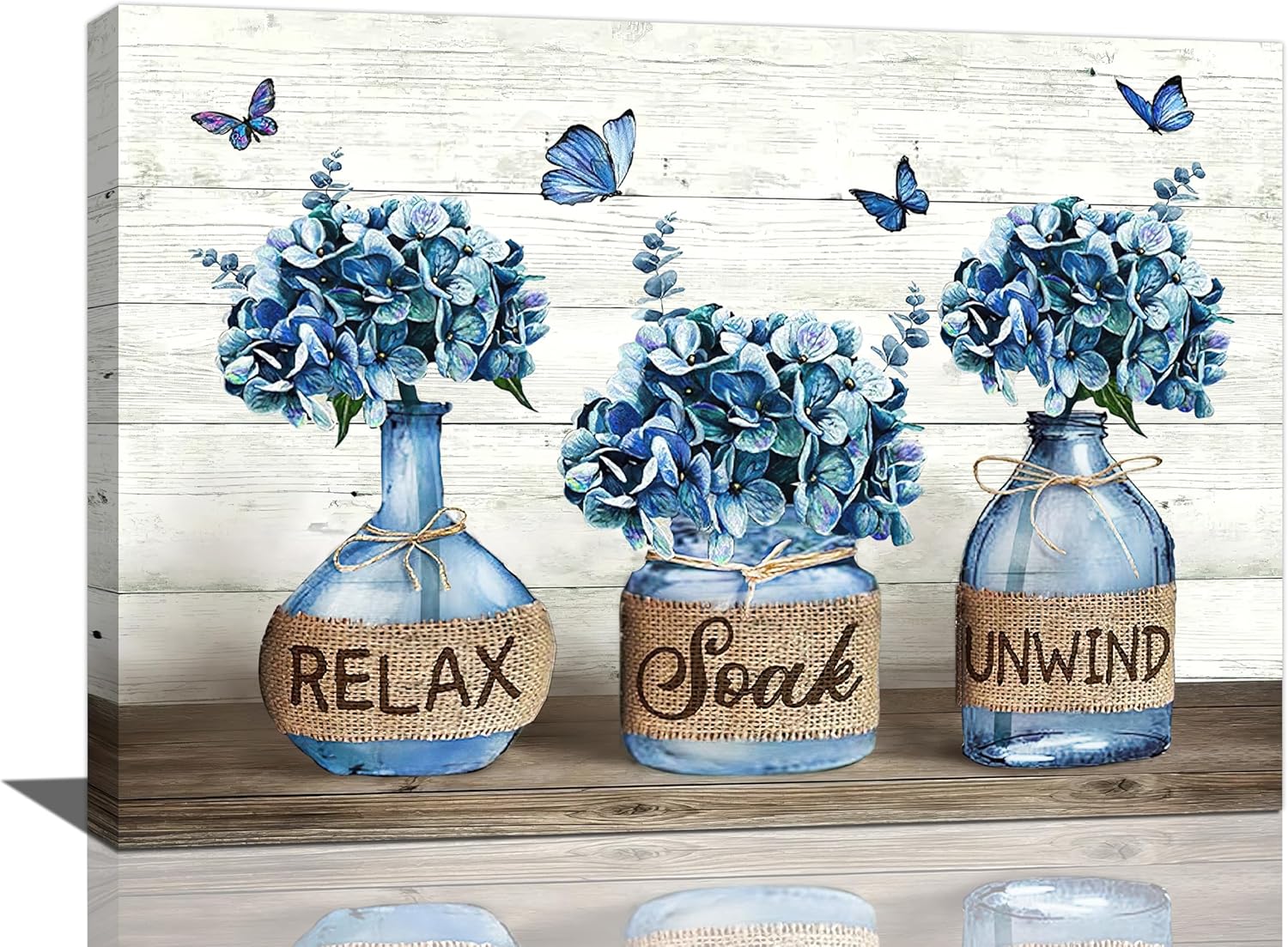 Decoración de baño de granja, arte de pared, diseño de flores de hortensias azul marino, impresiones en lienzo con texto “Country Relax Soak