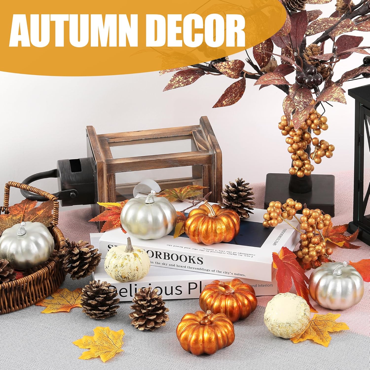Artgar Juego de decoración de otoño 14 mini calabazas, piñas, bayas para centros de mesa y bricolaje en el hogar