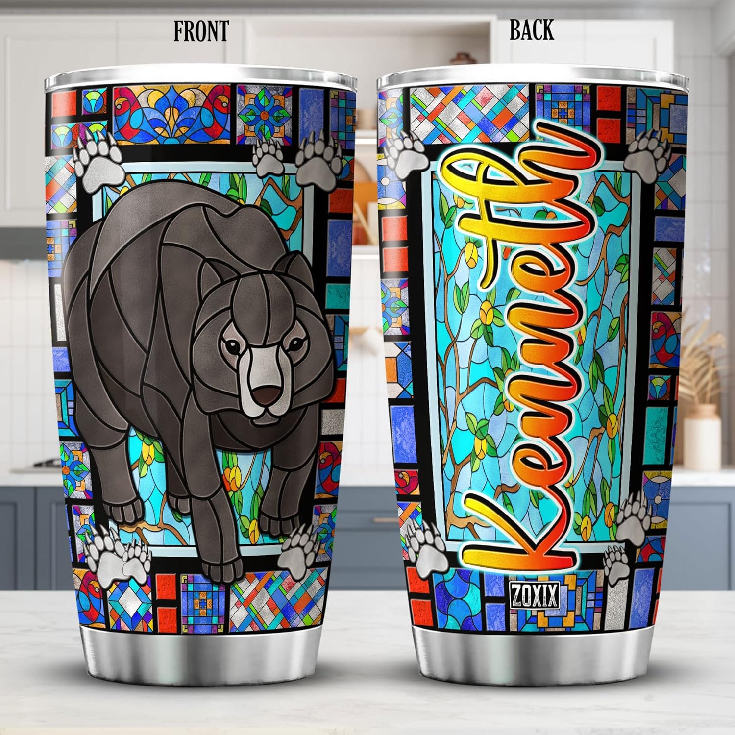 ZOXIX Vaso personalizado con diseño de oso lindo de 20 onzas, colorido estilo vitral, vida silvestre, temática de animales, ideas de regalo, taza