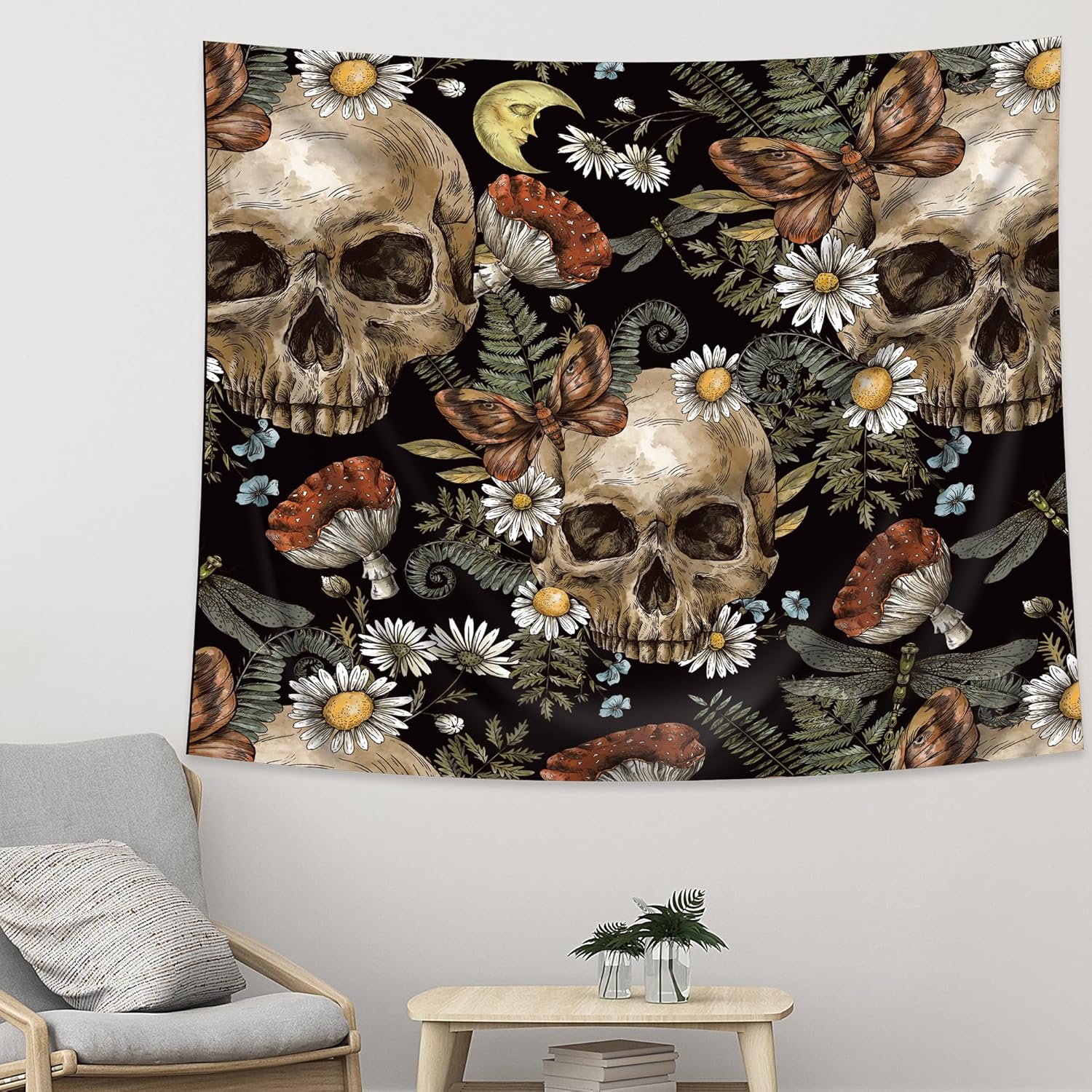 AMBZEK Tapiz de calavera de azúcar, 51 pulgadas de alto x 59 pulgadas de ancho, esqueleto gótico gótico de Halloween, vintage, margarita, hojas