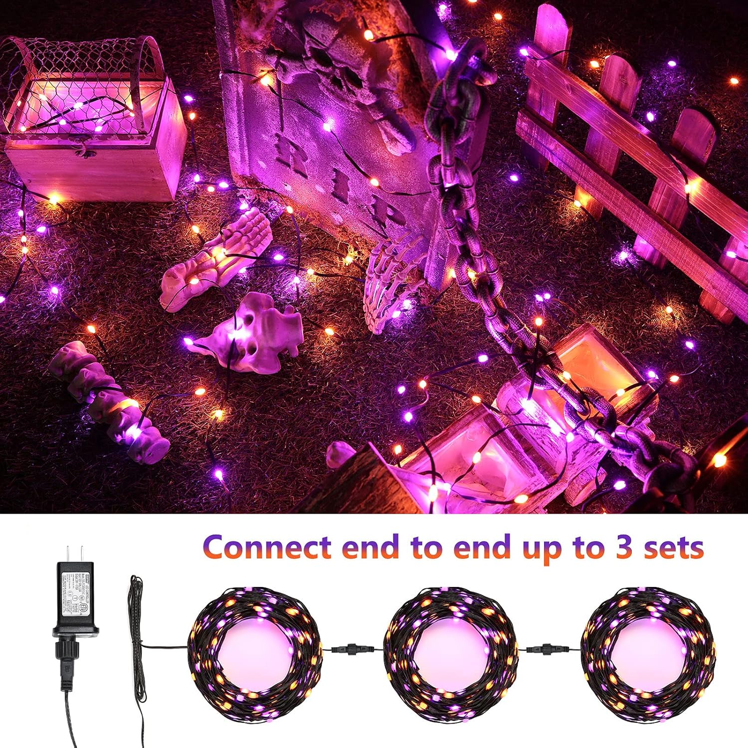 Brizled Luces de Halloween moradas y naranjas, 72.17 pies, 200 luces LED de Halloween al aire libre, 8 modos de luces de Halloween conectables,