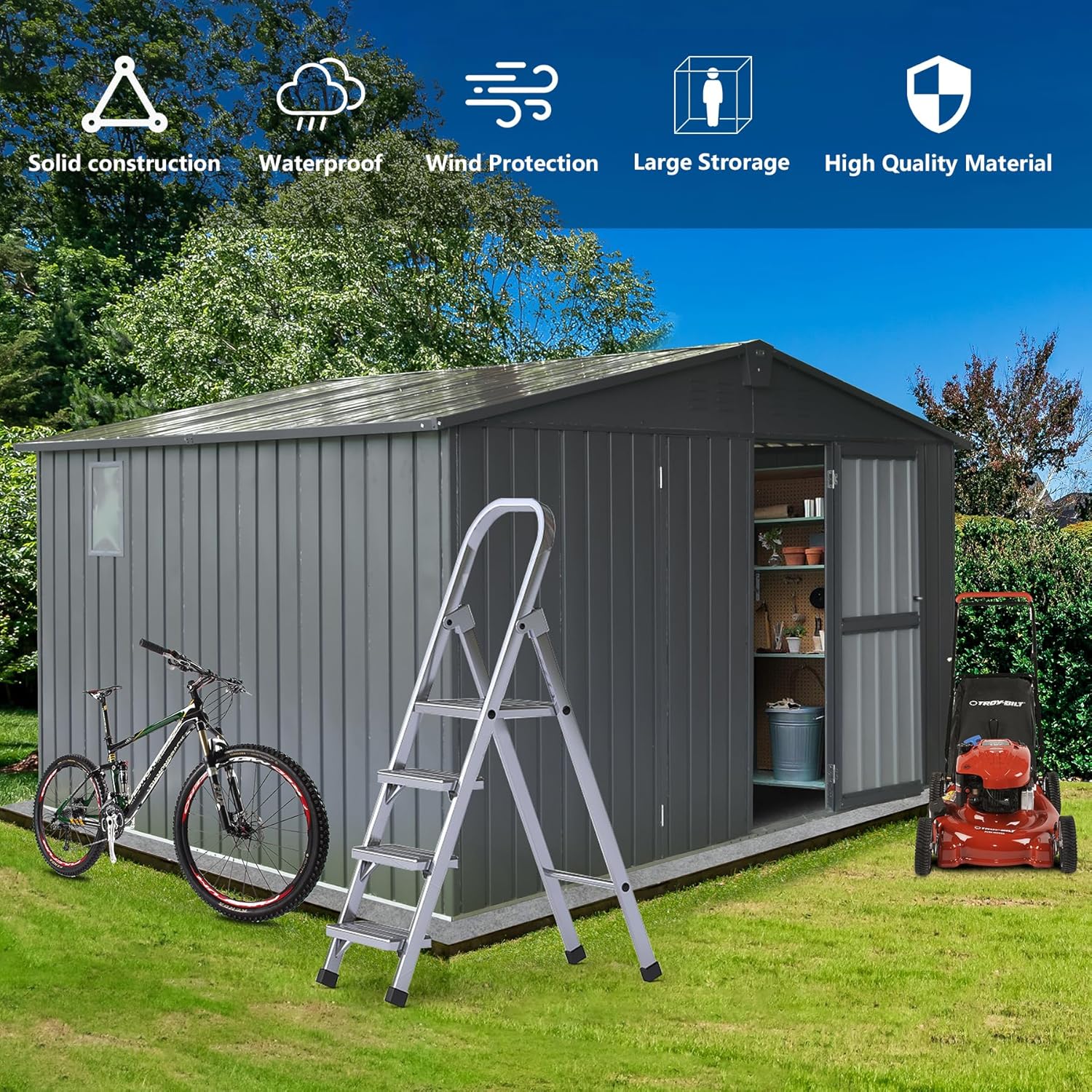 Domi – Cobertizo de almacenamiento para exteriores de 11 x 9 pies, cobertizos de metal para almacenamiento al aire libre con puertas bloqueables y