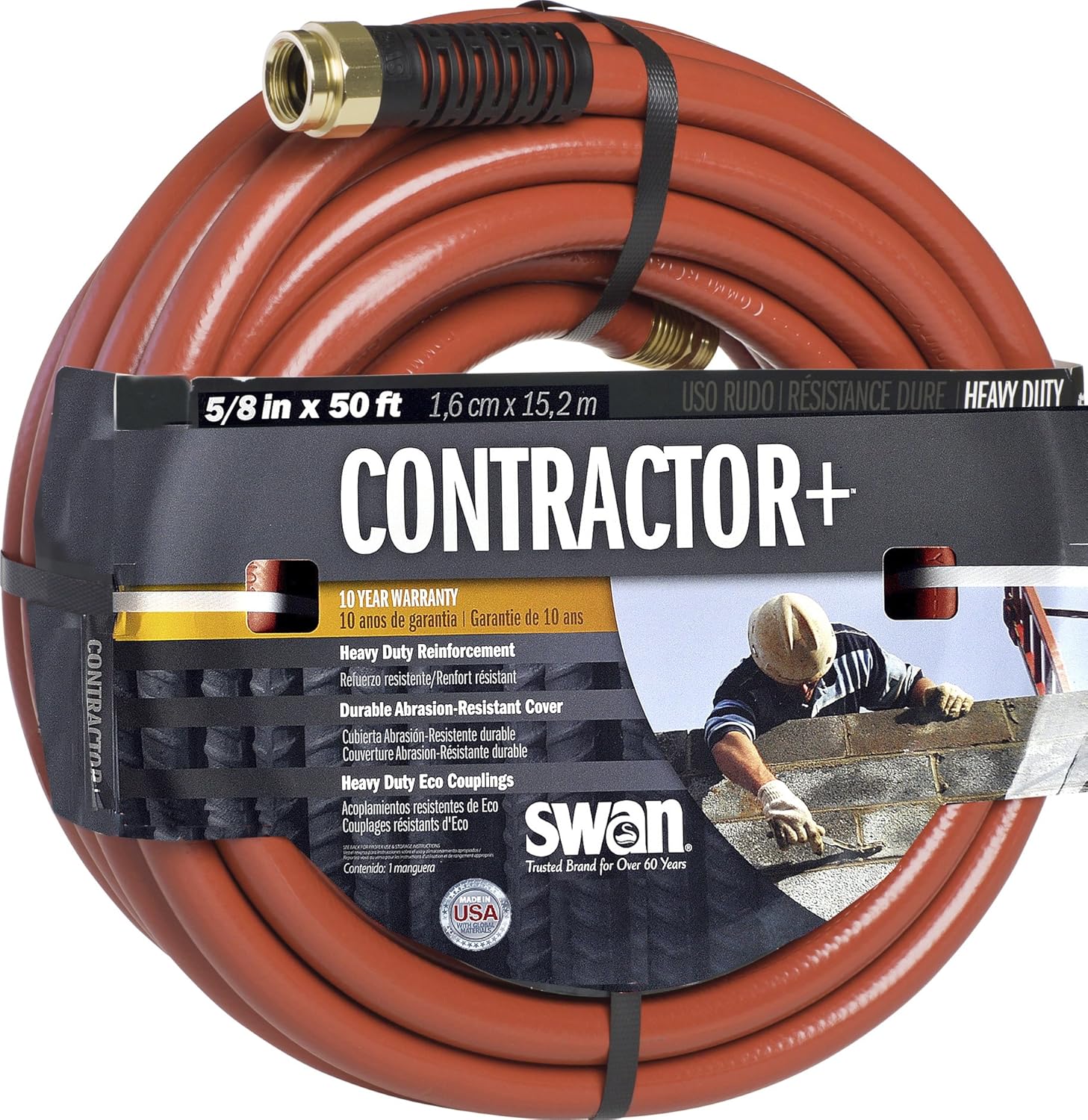 Swan Products SNCG58050 CONTRACTOR+ Manguera de agua de arcilla para servicio comercial con acoplamientos a prueba de aplastamiento 50 pies x 58
