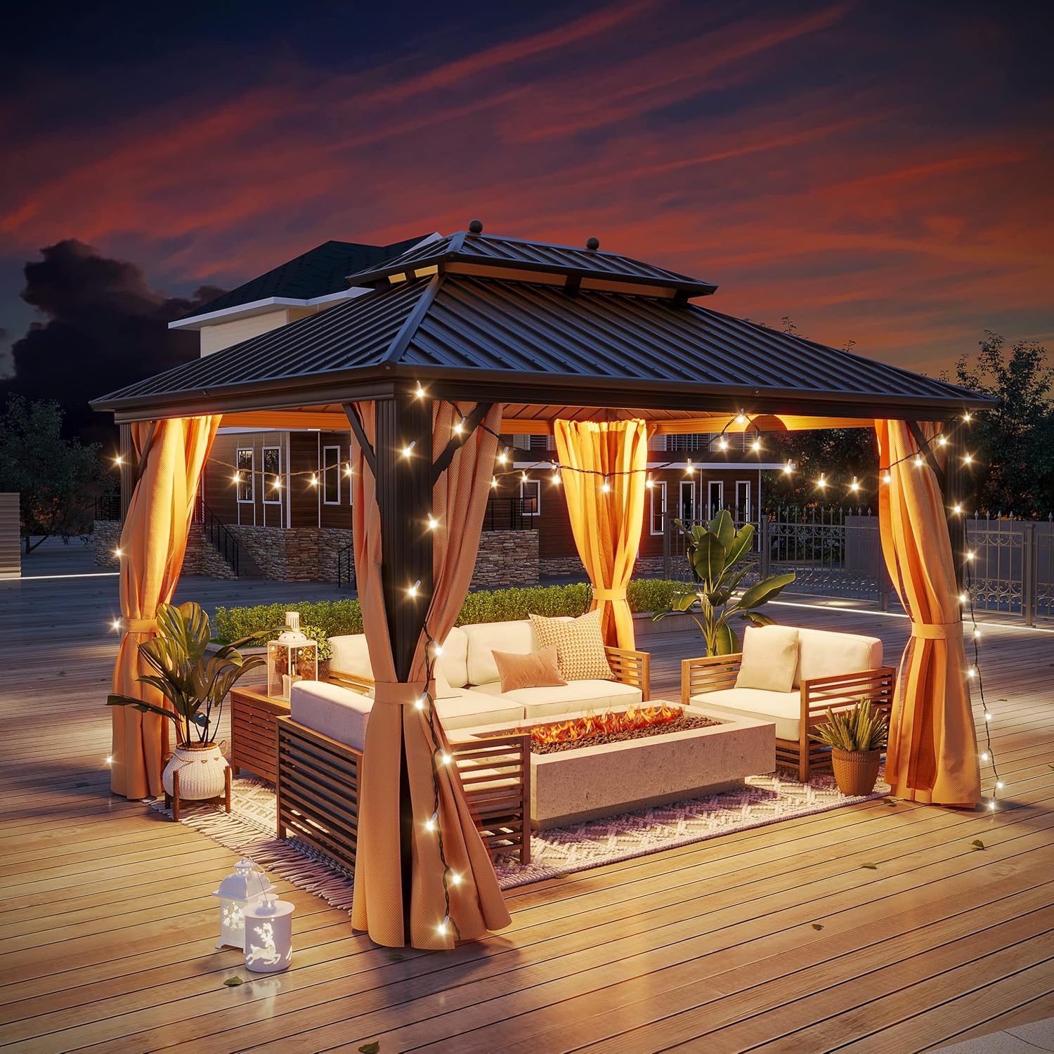 Cenador permanente de techo rígido de 10 x 12 pies, toldo de pérgola de pabellón de doble techo de acero galvanizado para exteriores, con marco de